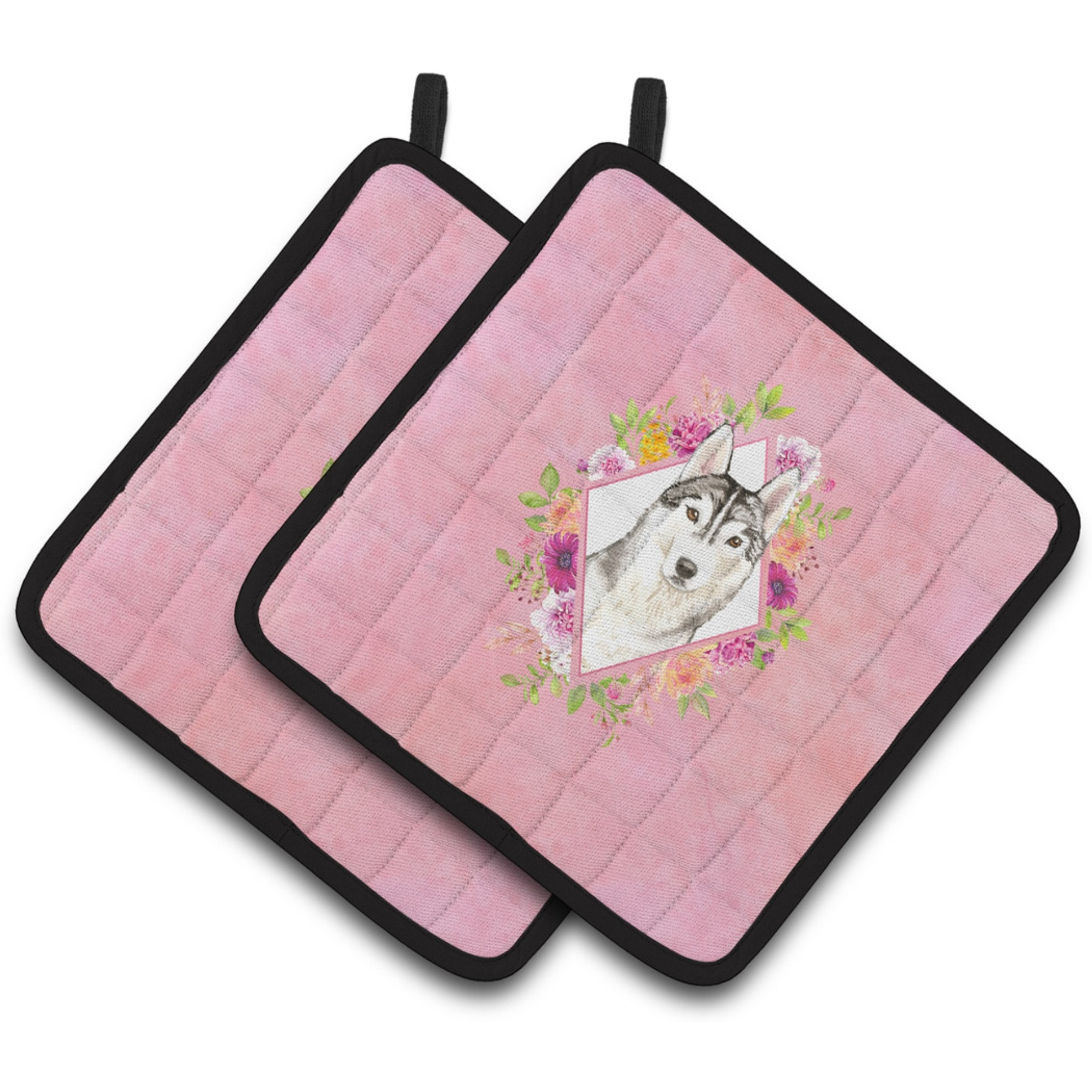 &quotCaroline's Treasures CK4210PTHD Siberian Husky Pink Flowers Pair of Pot Holders potholders, Multicolor"