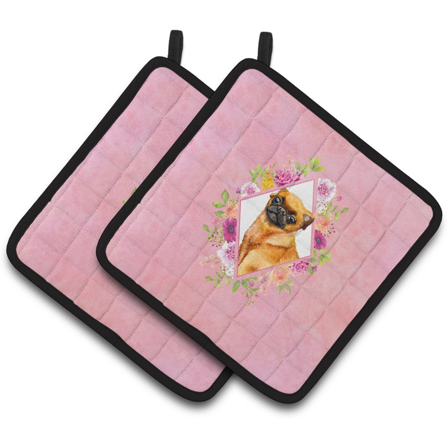 &quotCaroline's Treasures CK4185PTHD Brabant Griffon Pink Flowers Pair of Pot Holders potholders, Multicolor"