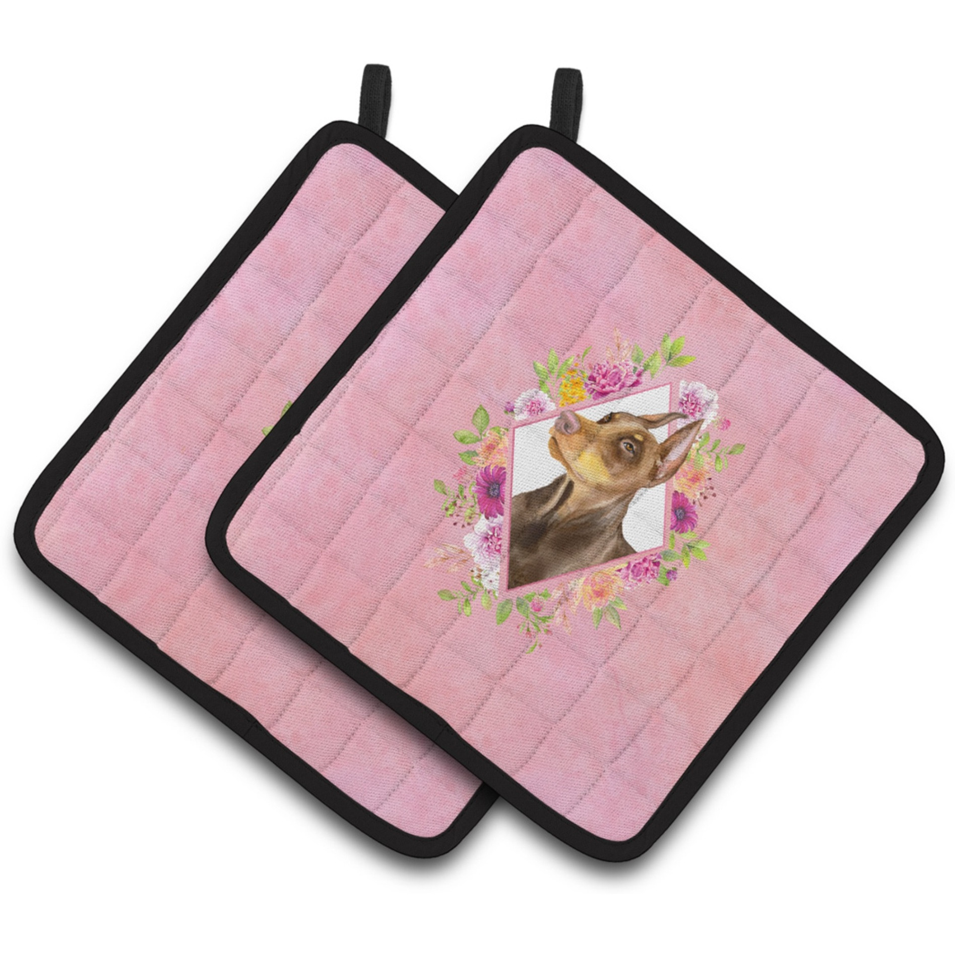 &quotCaroline's Treasures CK4138PTHD Doberman Pinscher Pink Flowers Pair of Pot Holders potholders, Multicolor"