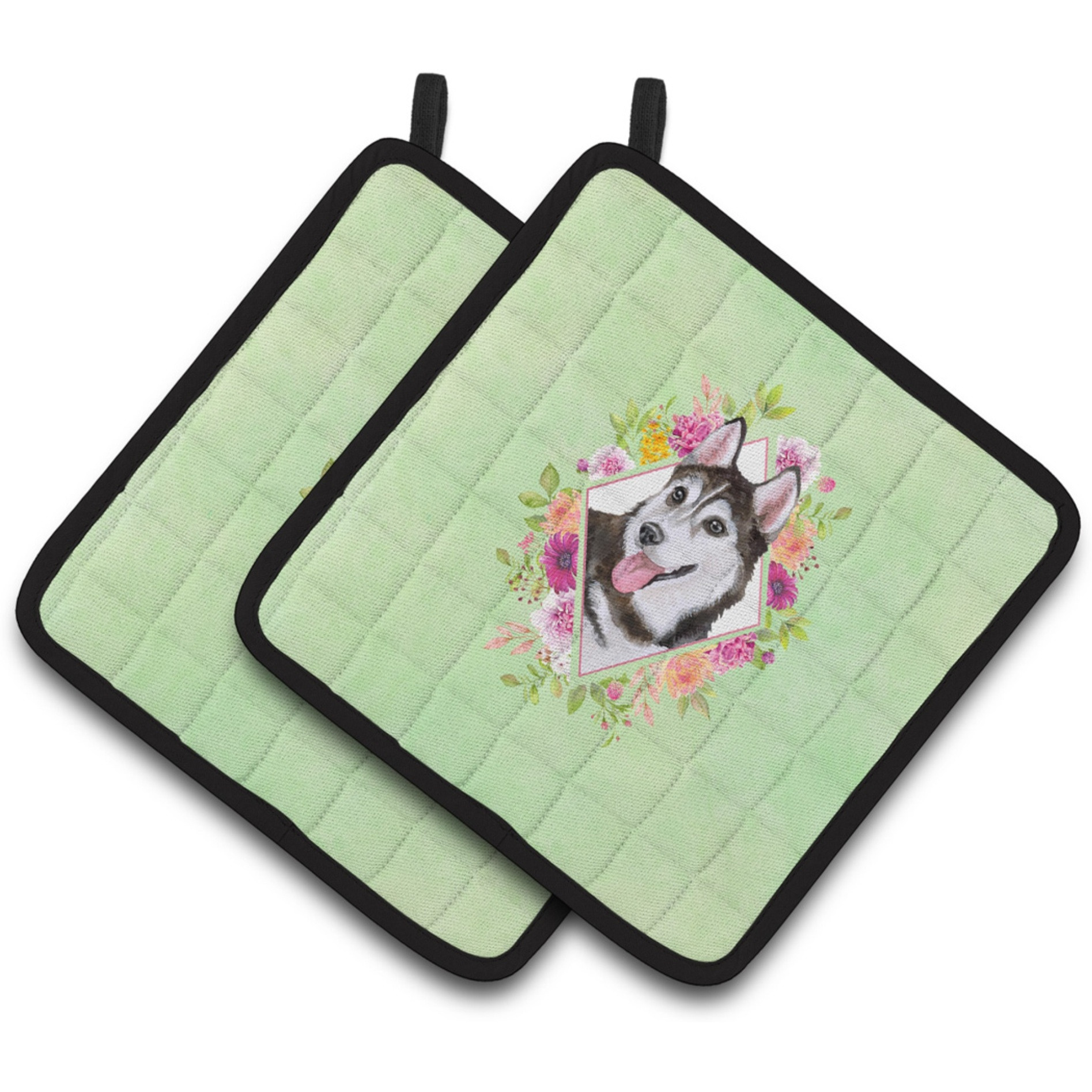 &quotCaroline's Treasures CK4311PTHD Siberian Husky 1 Green Flowers Pair of Pot Holders potholders, Multicolor"