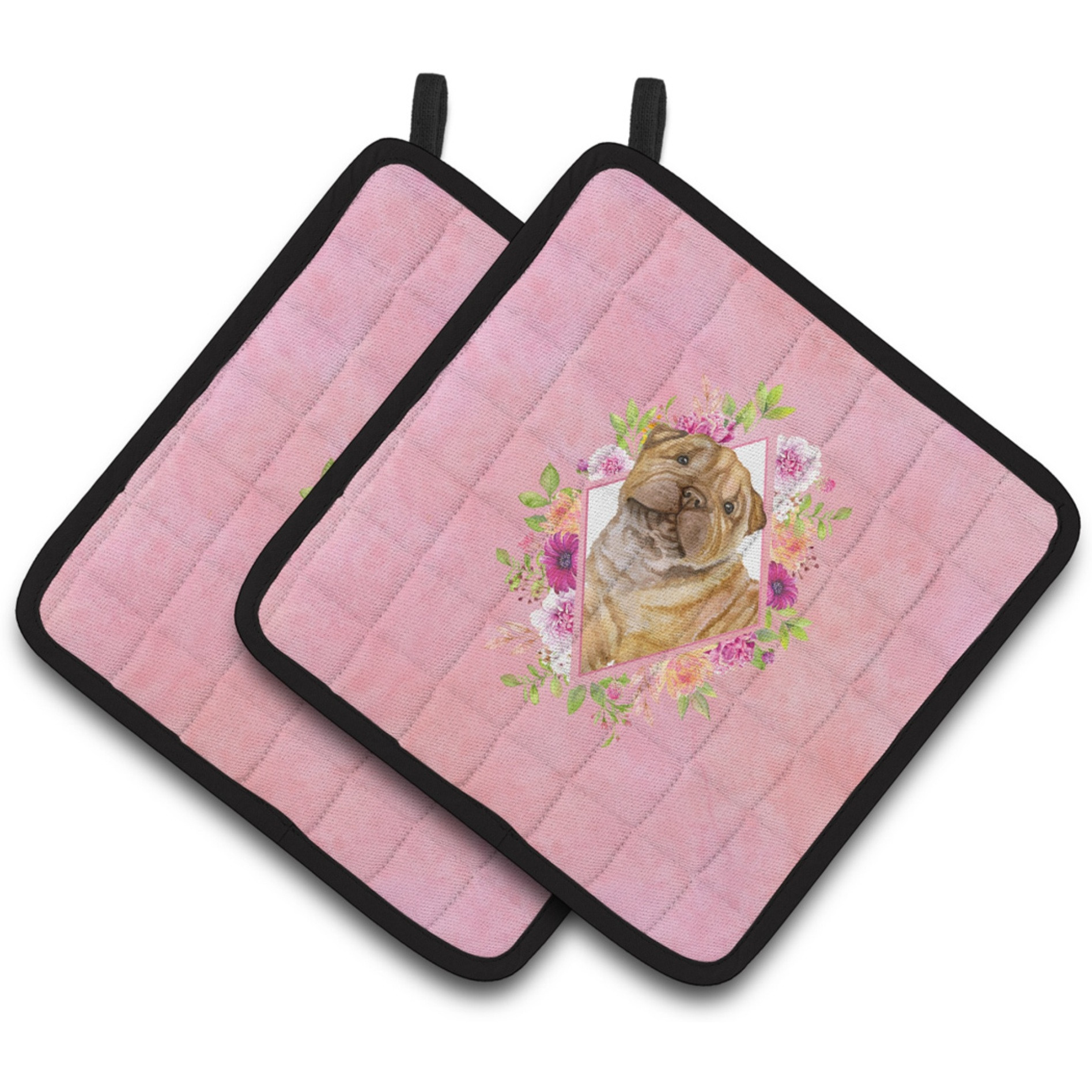 &quotCaroline's Treasures CK4181PTHD Shar Pei Pink Flowers Pair of Pot Holders potholders, Multicolor"