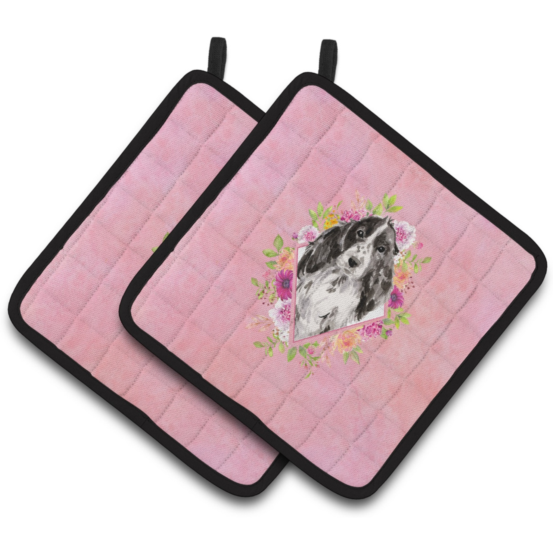 &quotCaroline's Treasures CK4244PTHD Black Parti Cocker Spaniel Pink Flowers Pair of Pot Holders potholders, Multicolor"