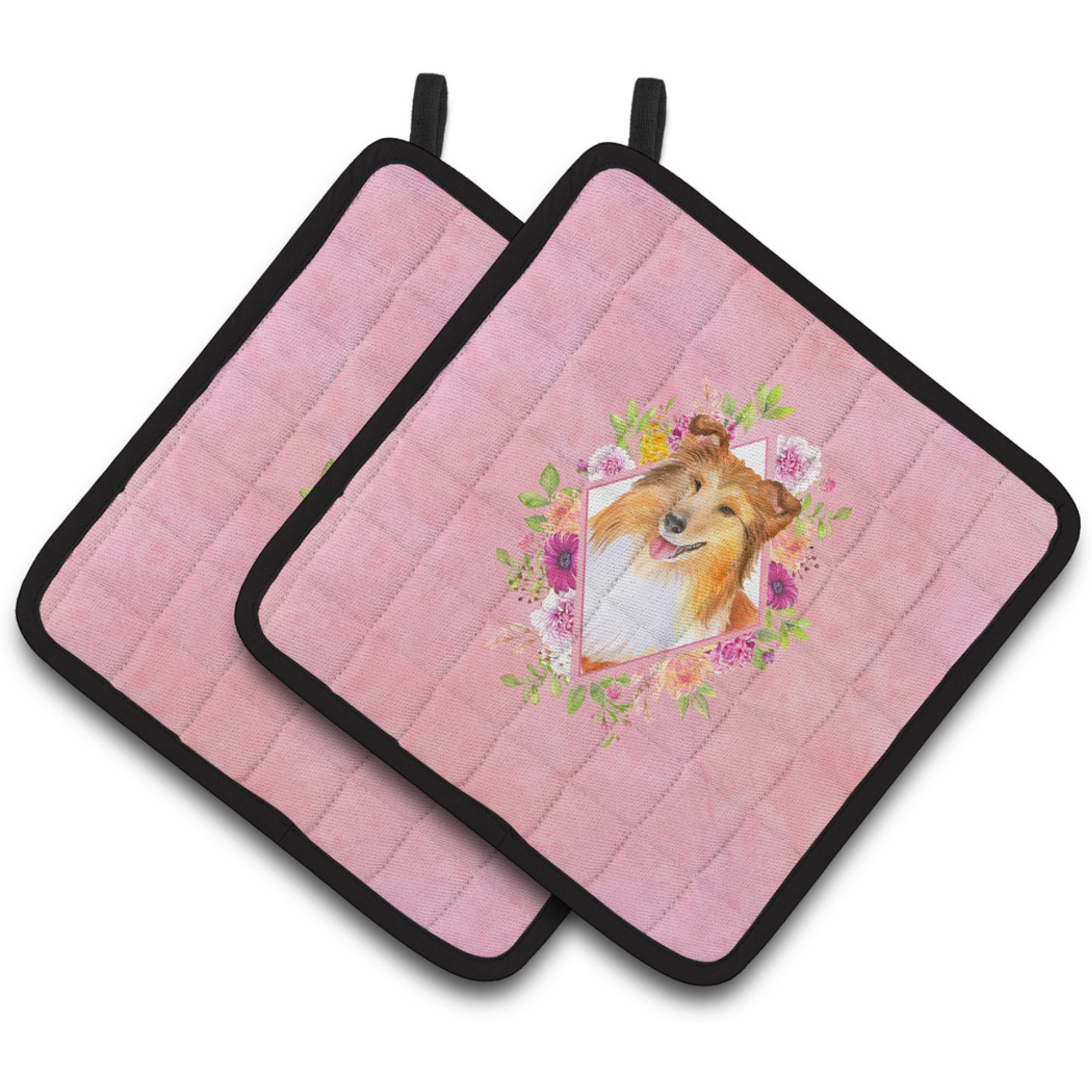&quotCaroline's Treasures CK4182PTHD Sheltie Shetland Sheepdog Pink Flowers Pair of Pot Holders potholders, Multicolor"