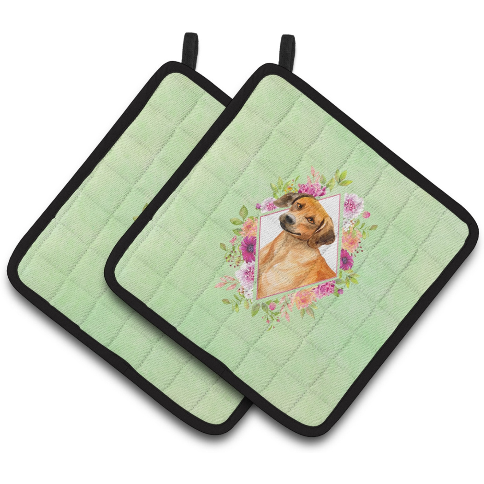 &quotCaroline's Treasures CK4335PTHD Rhodesian Ridgeback Green Flowers Pair of Pot Holders potholders, Multicolor"