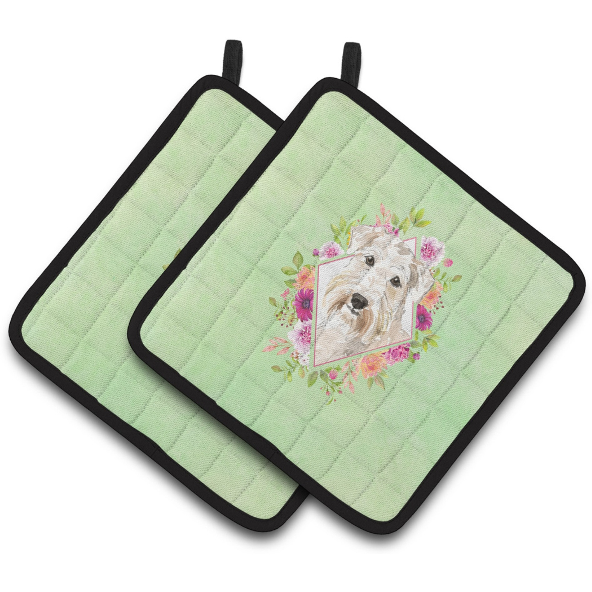 &quotCaroline's Treasures CK4362PTHD Wheaten Terrier Green Flowers Pair of Pot Holders potholders, Multicolor"