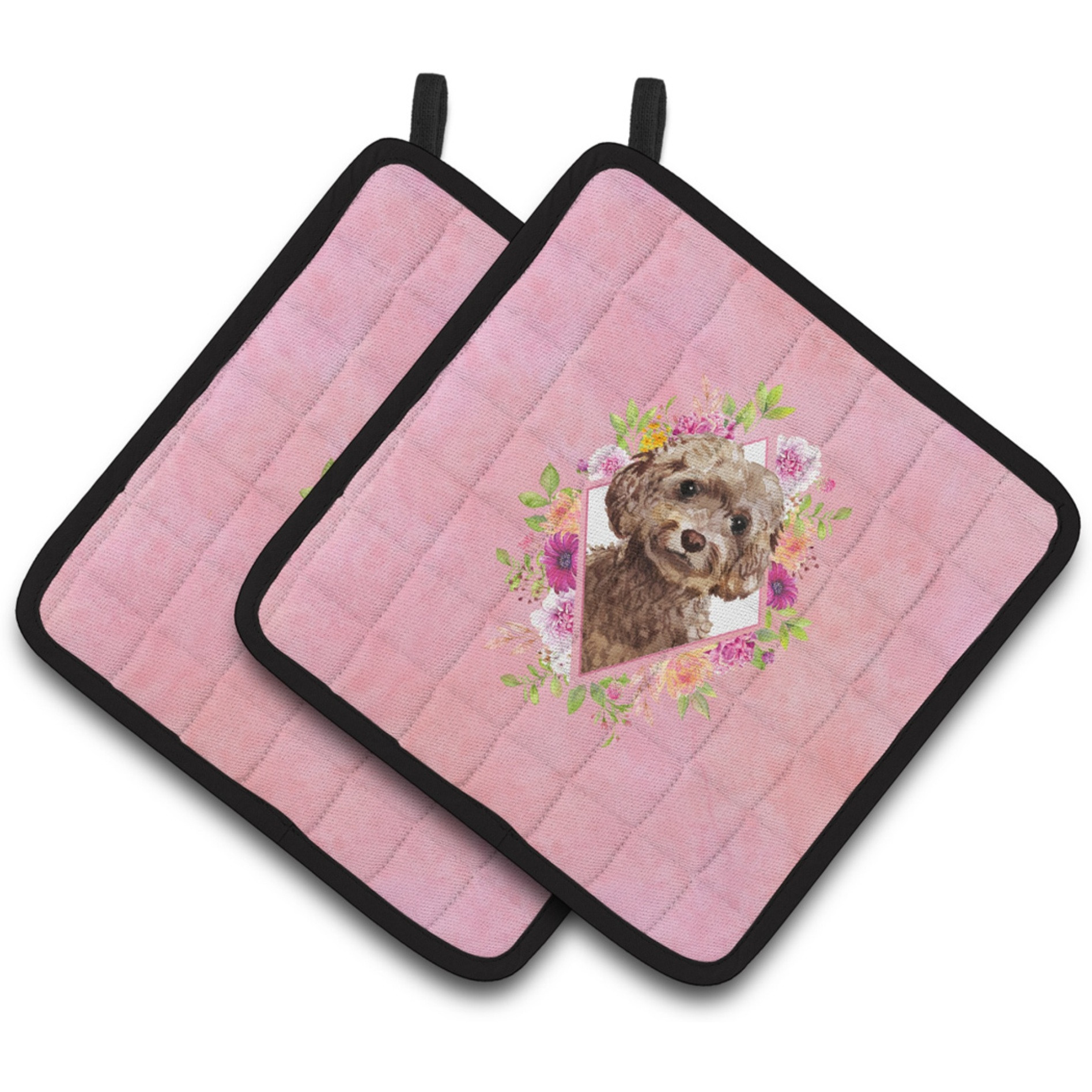 &quotCaroline's Treasures CK4253PTHD Chocolate Cockapoo Pink Flowers Pair of Pot Holders potholders, Multicolor"