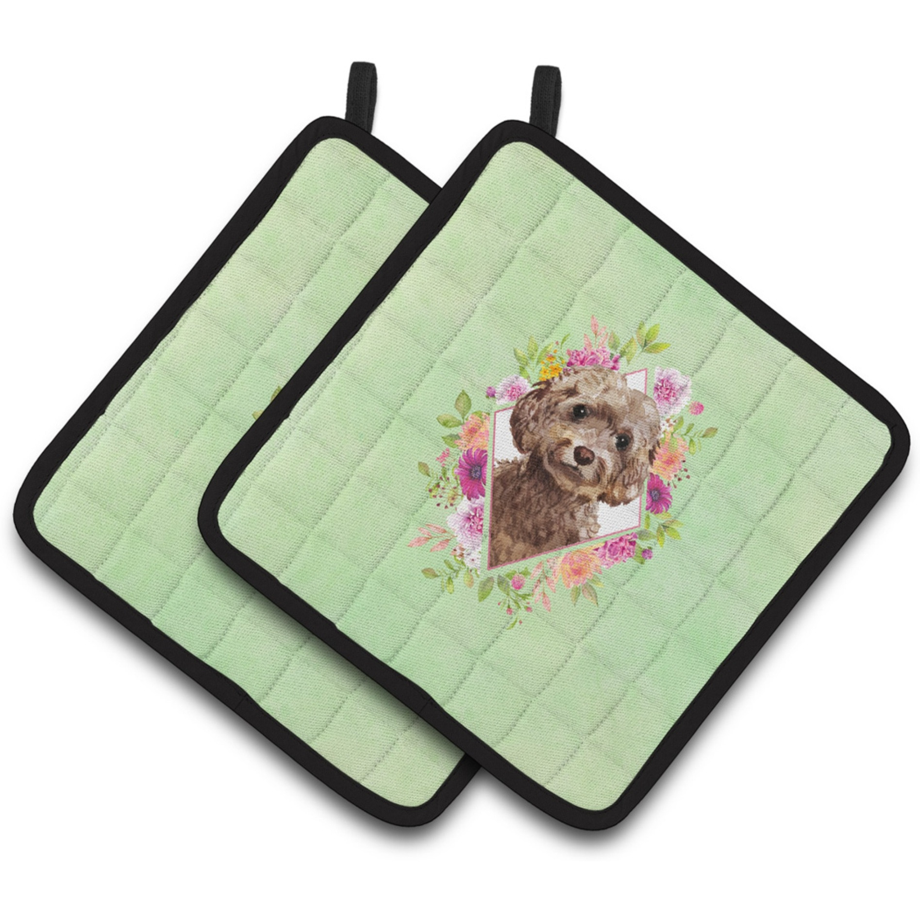 &quotCaroline's Treasures CK4413PTHD Chocolate Cockapoo Green Flowers Pair of Pot Holders potholders, Multicolor"