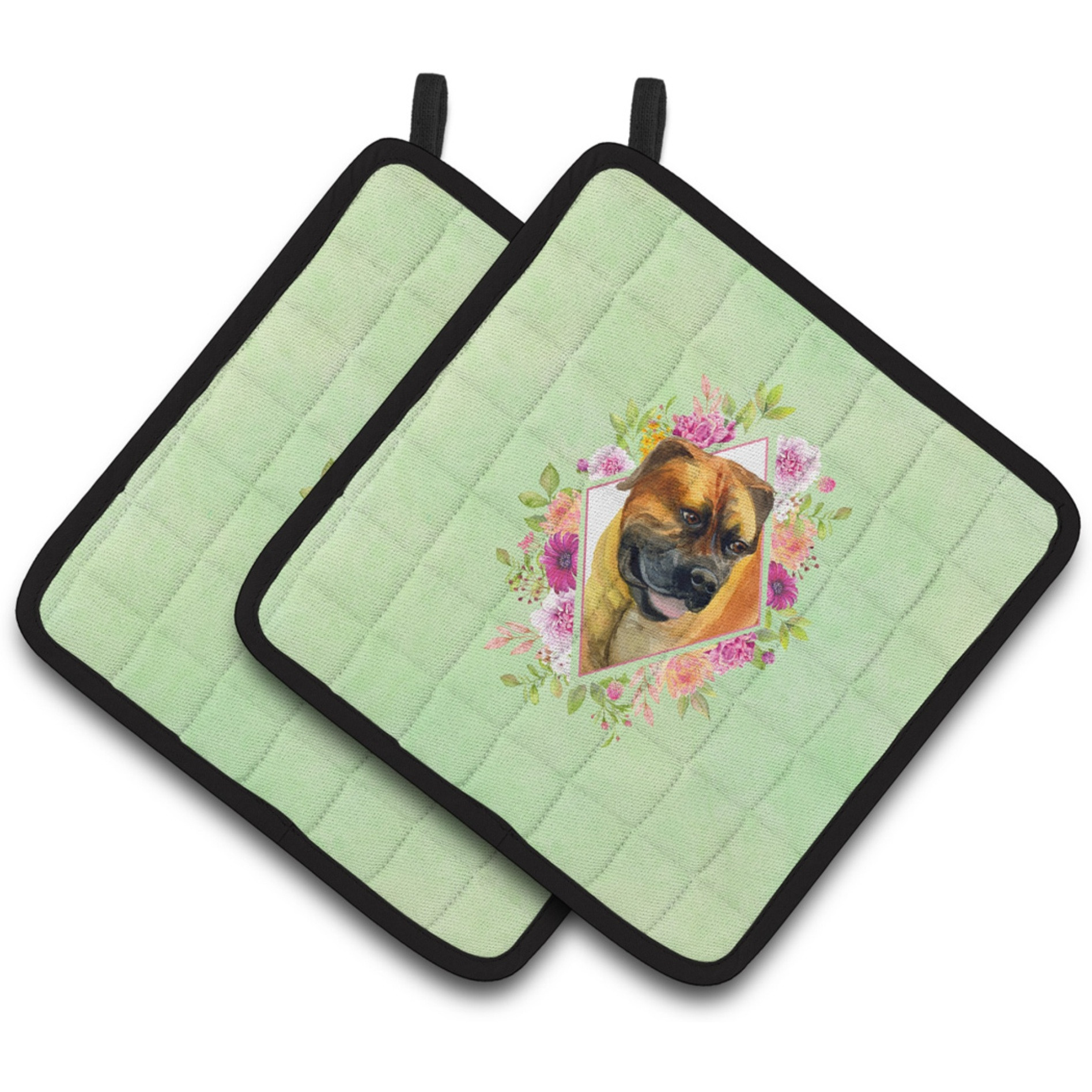 &quotCaroline's Treasures CK4281PTHD Borboel Mastiff Green Flowers Pair of Pot Holders potholders, Multicolor"