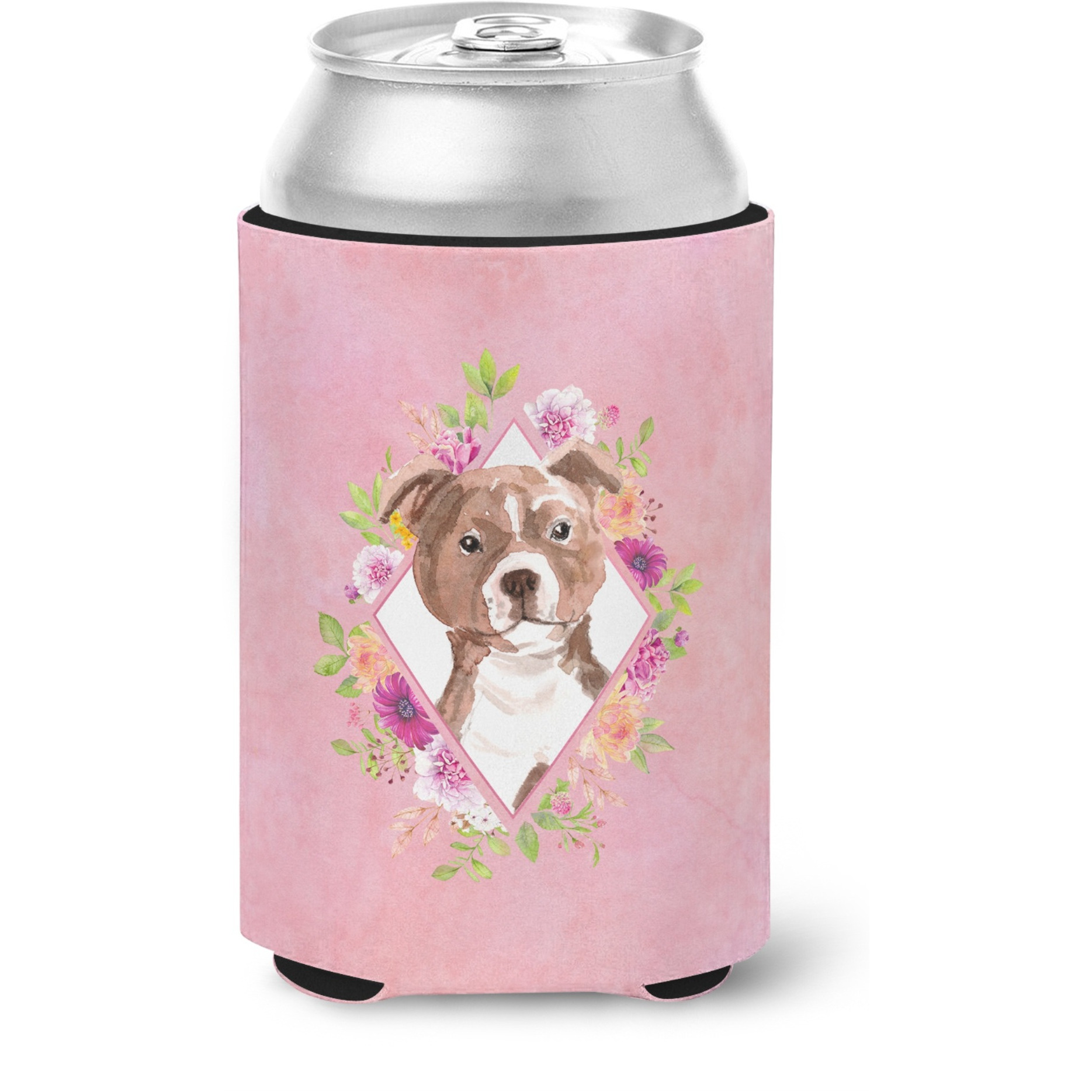 &quotCaroline's Treasures CK4208CC Staffie Bull Terrier Pink Flowers Can or Bottle Hugger cold-beverage-koozies, 12 oz, Multicolor"