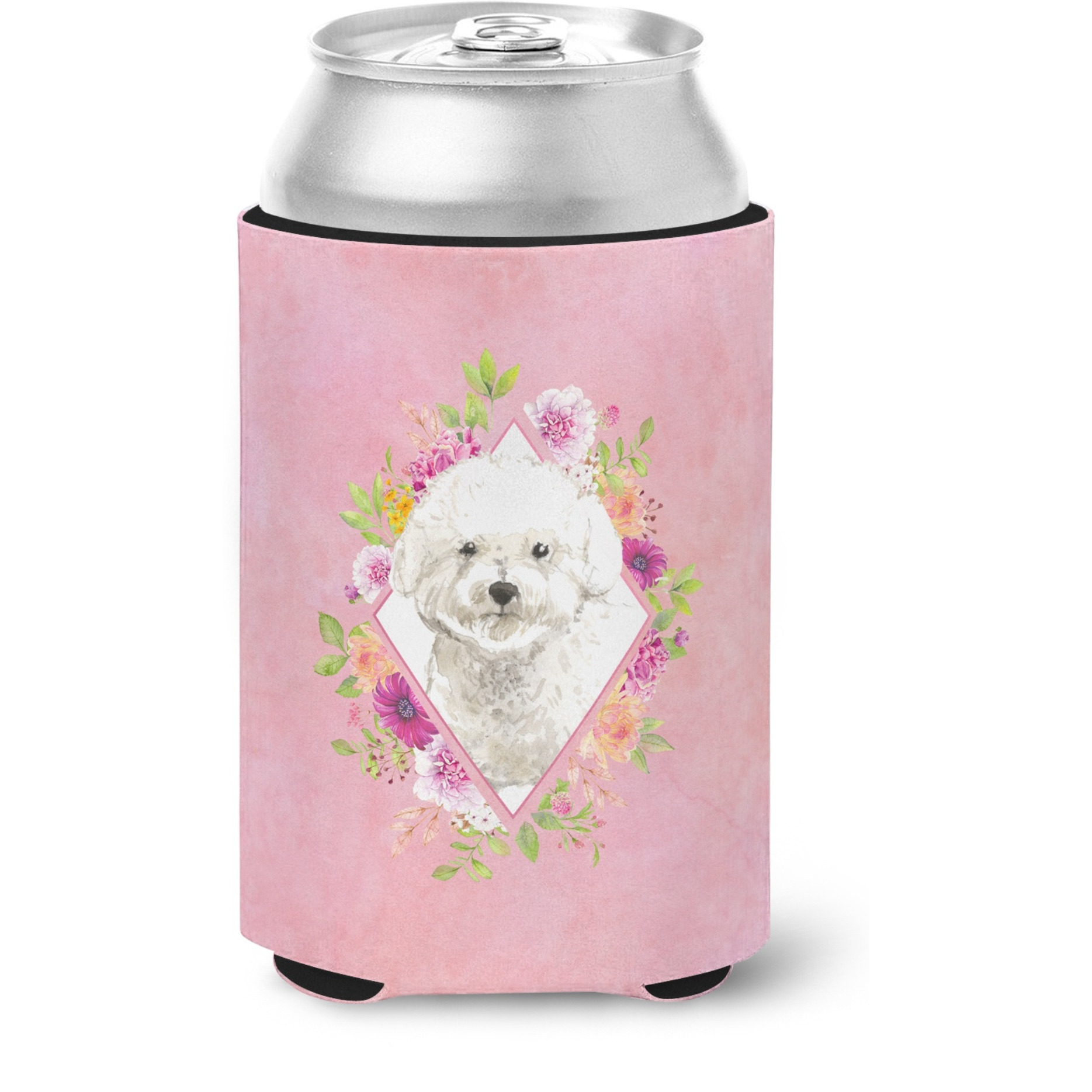 &quotCaroline's Treasures CK4263CC Bichon Frise Pink Flowers Can or Bottle Hugger cold-beverage-koozies, 12 oz, Multicolor"