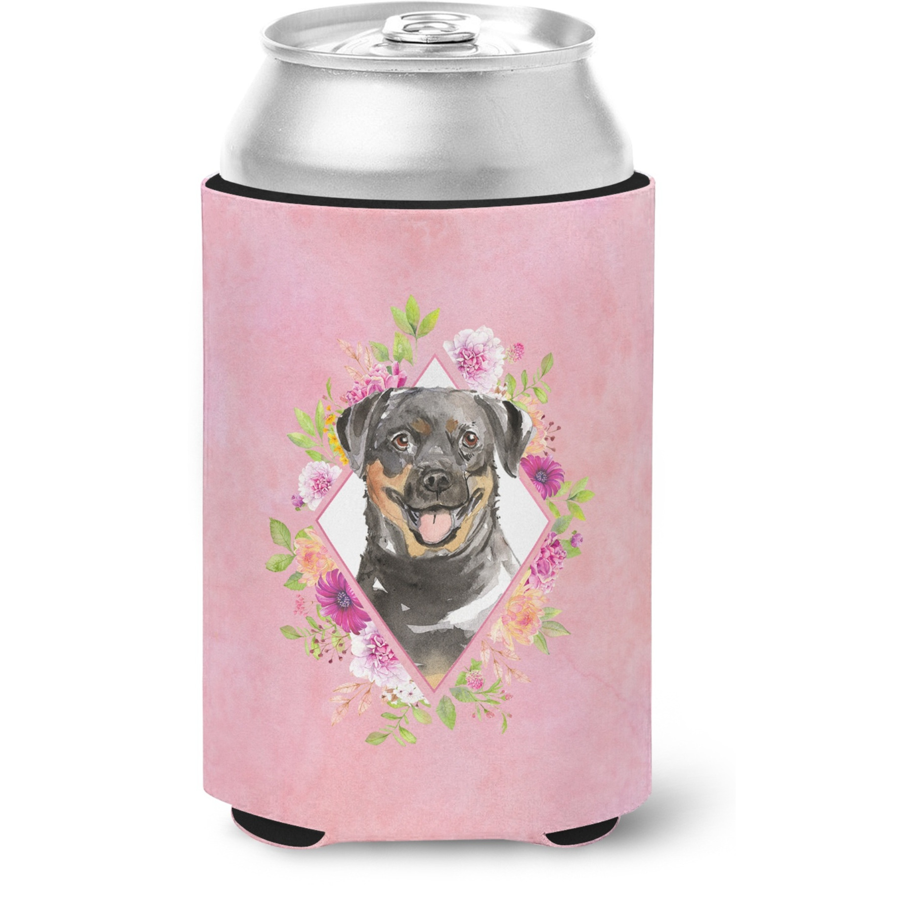 &quotCaroline's Treasures CK4217CC Rottweiler Pink Flowers Can or Bottle Hugger cold-beverage-koozies, 12 oz, Multicolor"