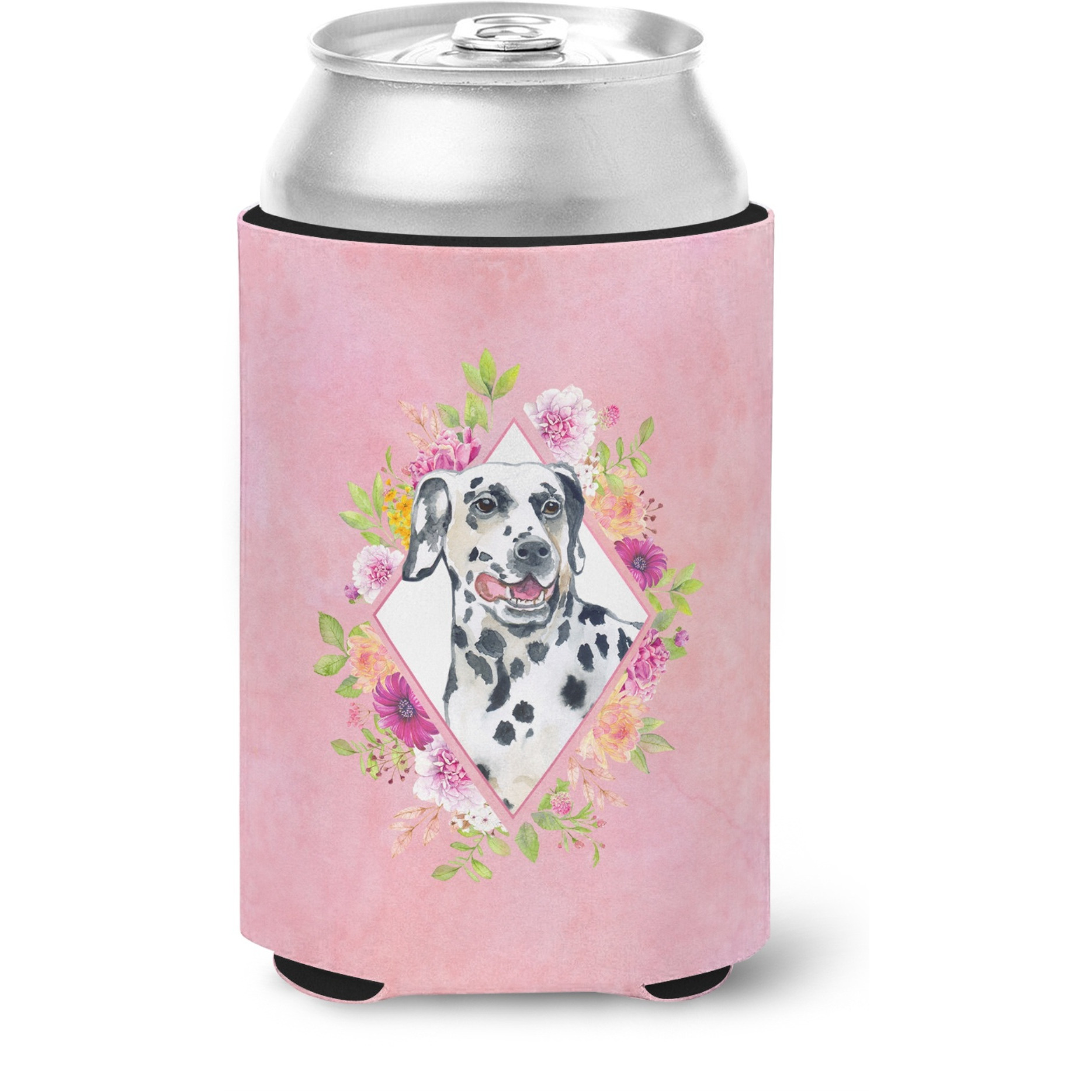 &quotCaroline's Treasures CK4137CC Dalmatian Pink Flowers Can or Bottle Hugger cold-beverage-koozies, 12 oz, Multicolor"