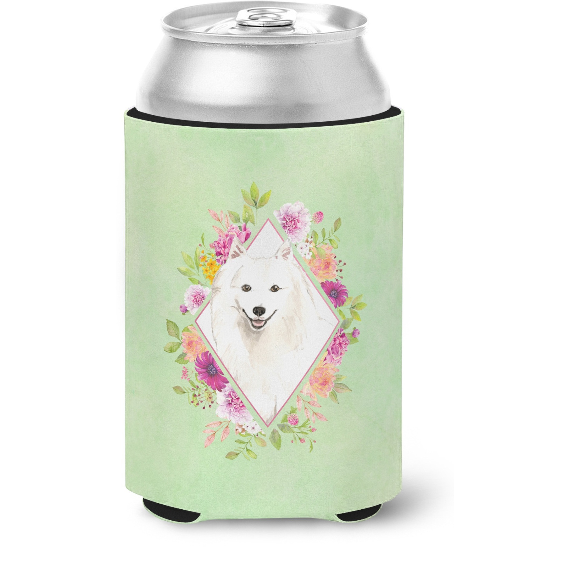 &quotCaroline's Treasures CK4389CC Japanese Spitz Green Flowers Can or Bottle Hugger cold-beverage-koozies, 12 oz, Multicolor"