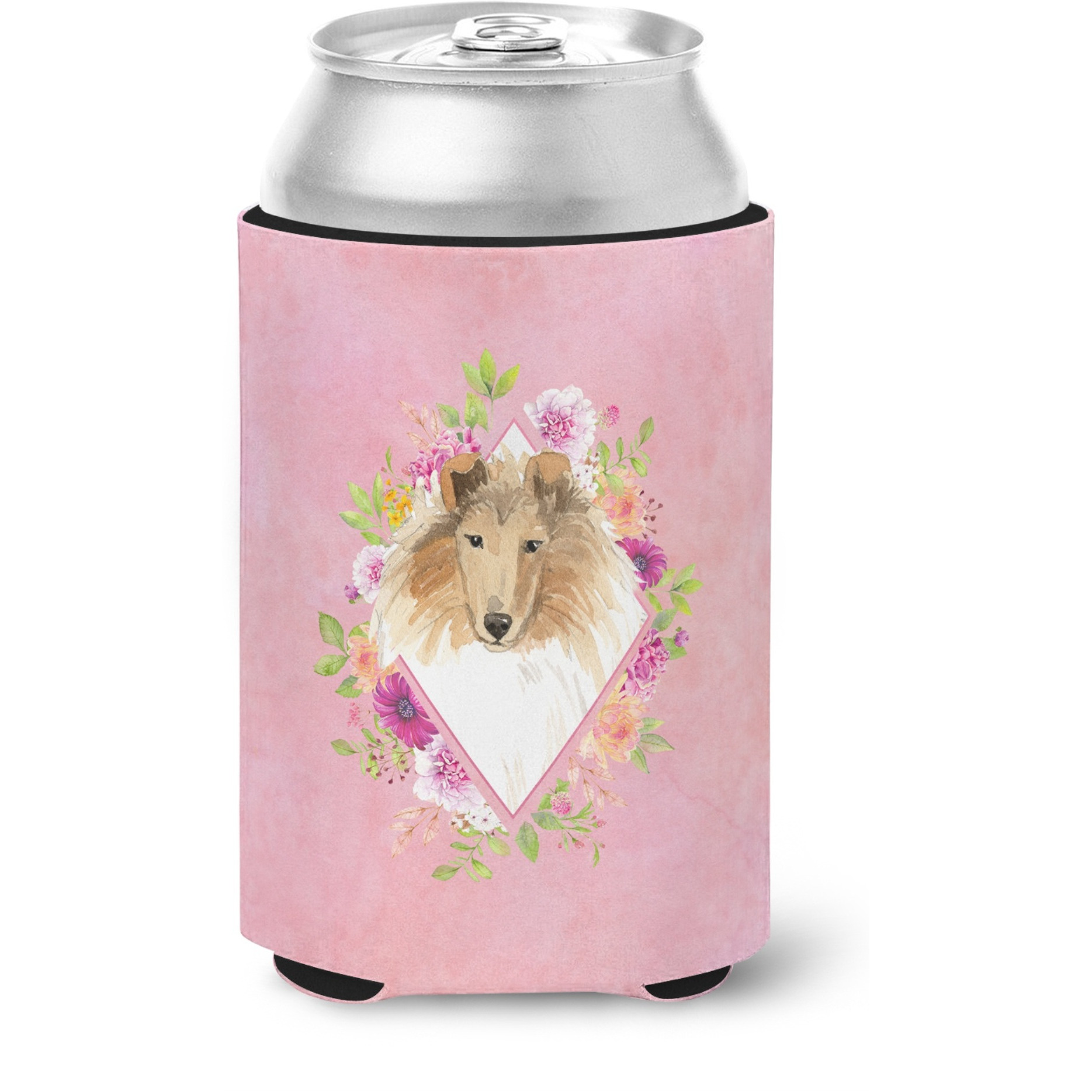&quotCaroline's Treasures CK4216CC Collie Pink Flowers Can or Bottle Hugger cold-beverage-koozies, 12 oz, Multicolor"