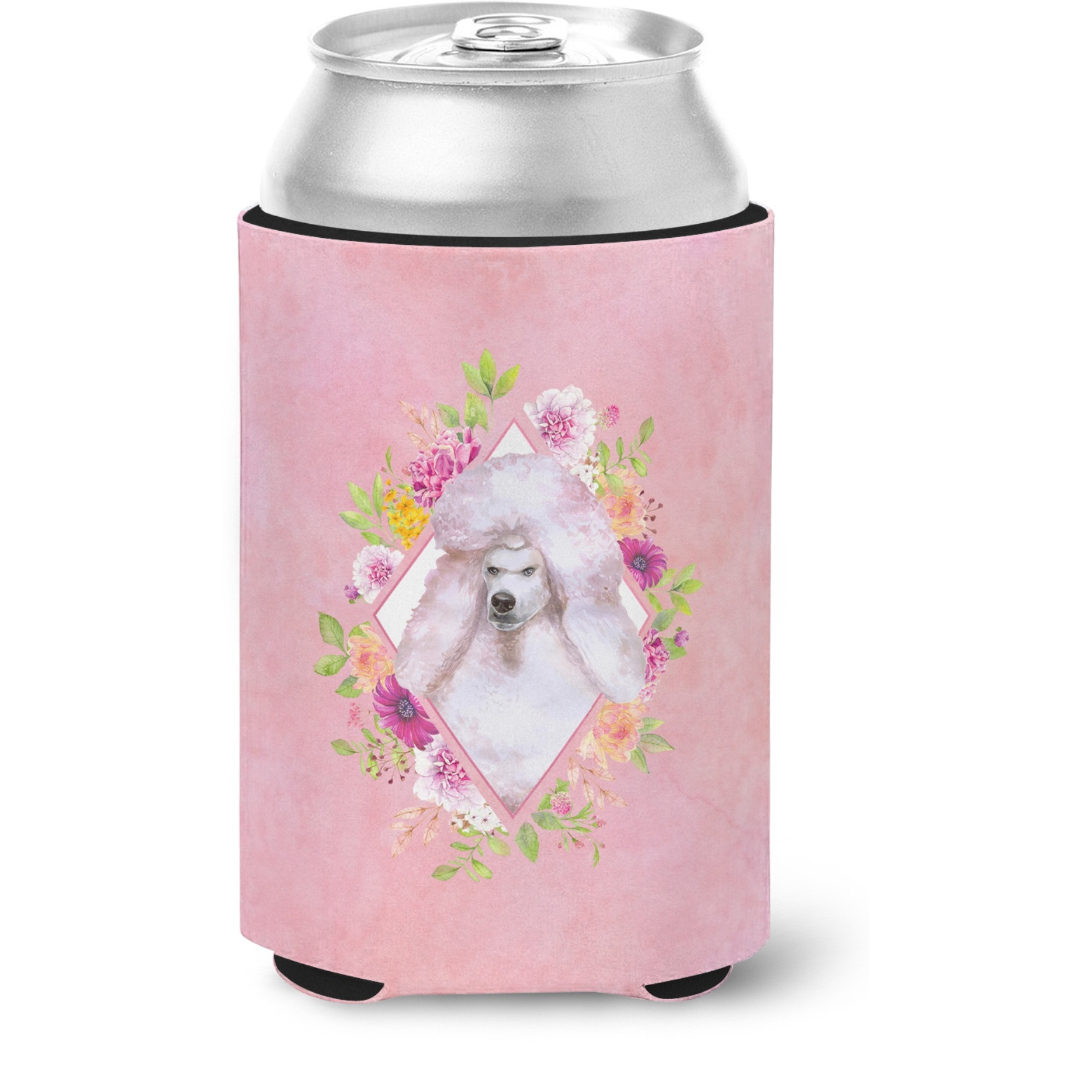 &quotCaroline's Treasures CK4171CC Standard White Poodle Pink Flowers Can or Bottle Hugger cold-beverage-koozies, 12 oz, Multicolor"