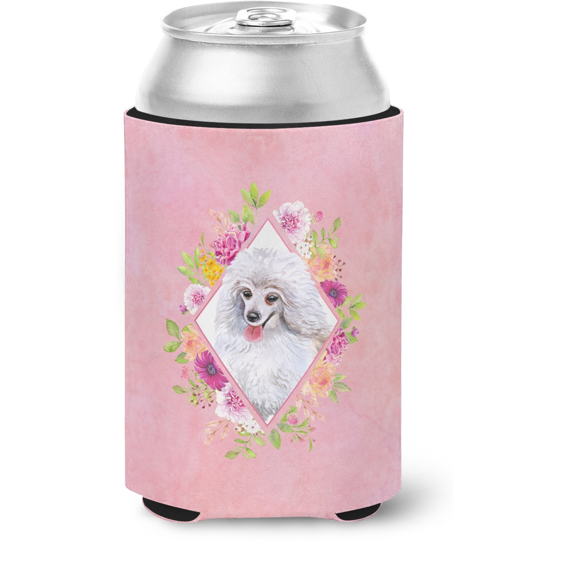 &quotCaroline's Treasures CK4172CC White Mini Poodle Pink Flowers Can or Bottle Hugger cold-beverage-koozies, 12 oz, Multicolor"
