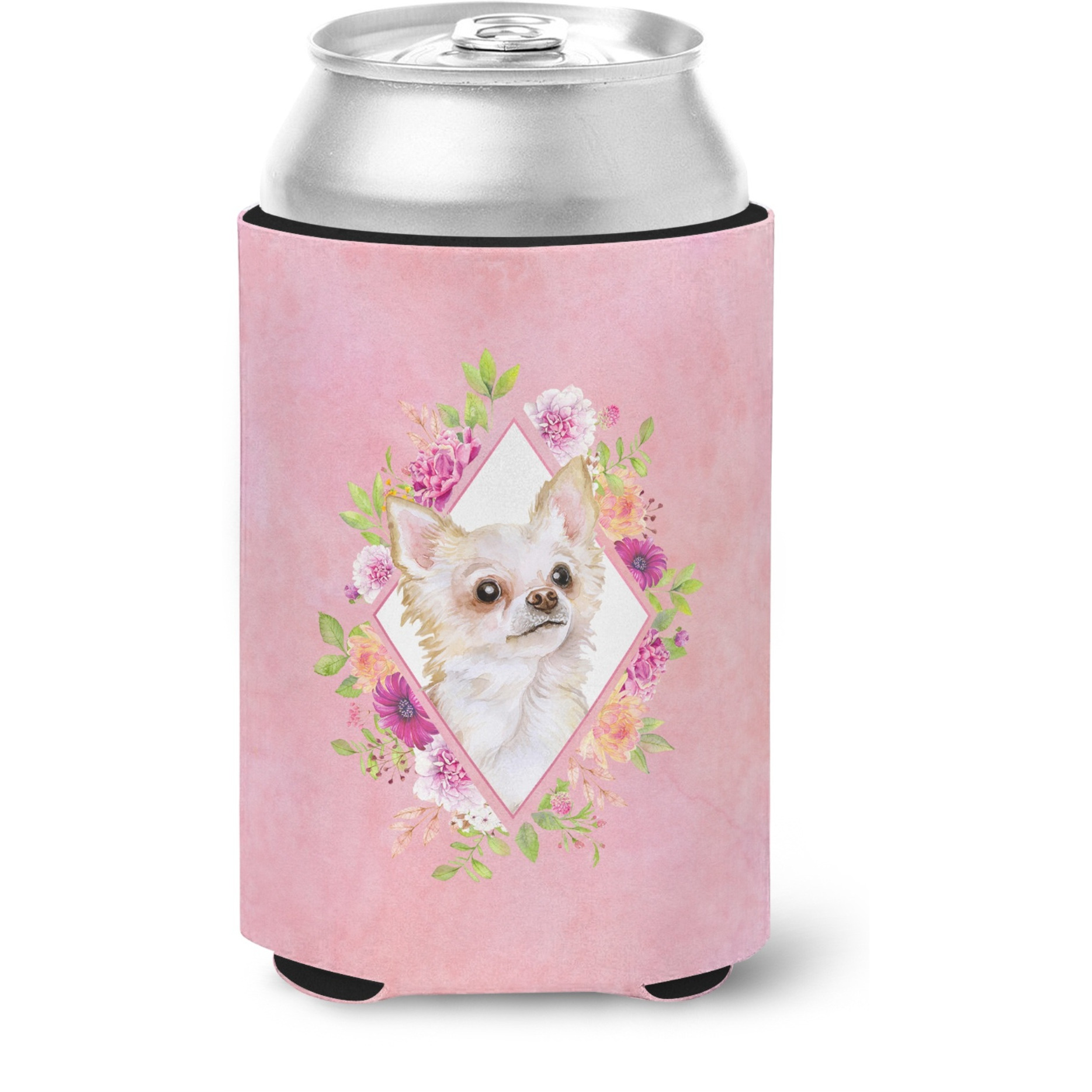 &quotCaroline's Treasures CK4127CC Long Hair Chihuahua Pink Flowers Can or Bottle Hugger cold-beverage-koozies, 12 oz, Multicolor"