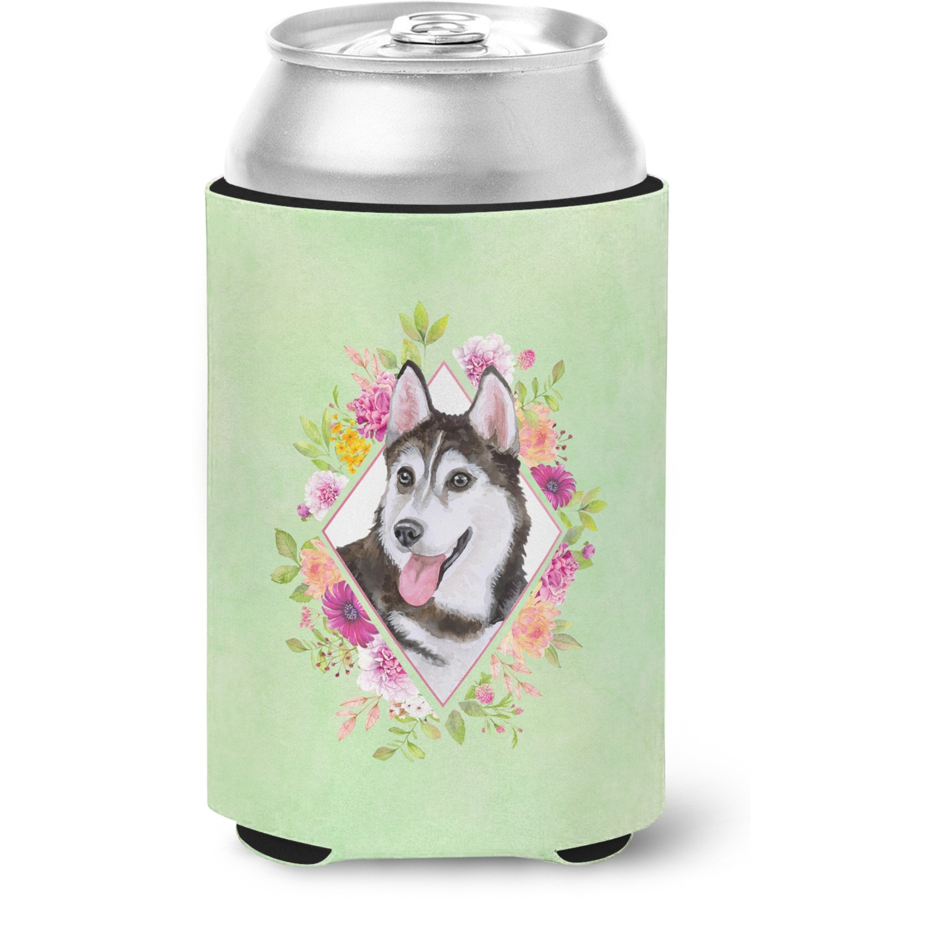 &quotCaroline's Treasures CK4311CC Siberian Husky 1 Green Flowers Can or Bottle Hugger cold-beverage-koozies, 12 oz, Multicolor"