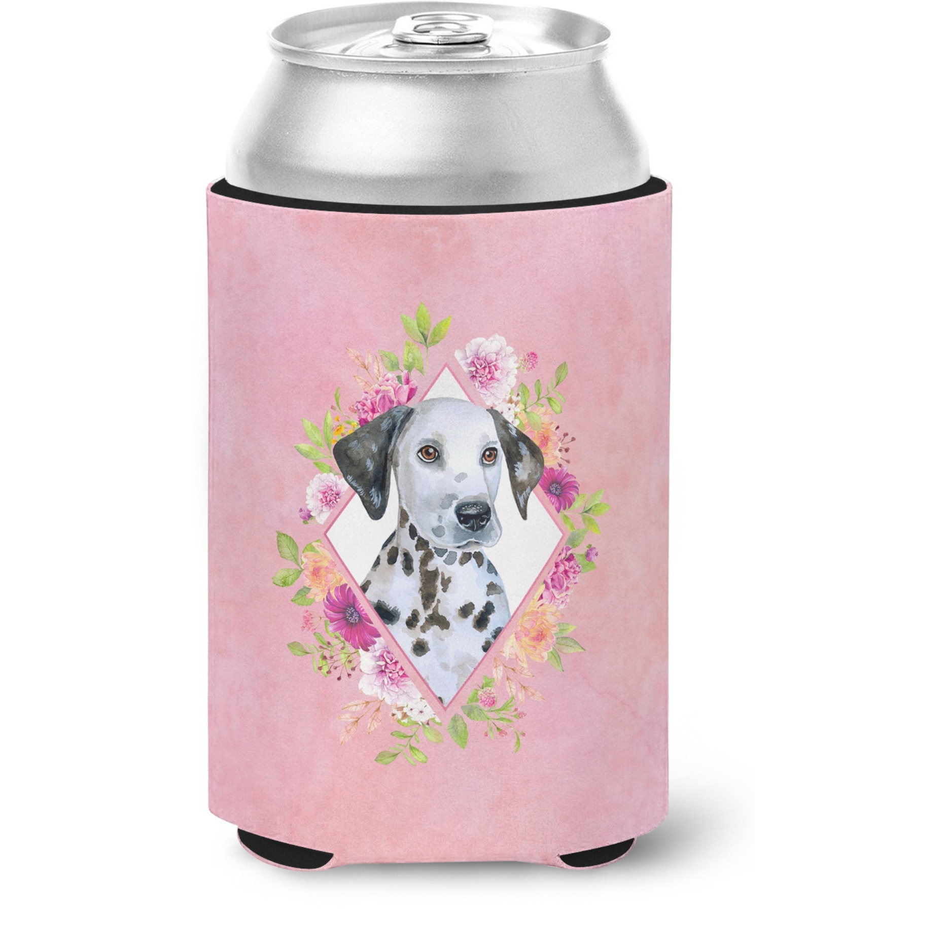 &quotCaroline's Treasures CK4136CC Dalmatian Puppy Pink Flowers Can or Bottle Hugger cold-beverage-koozies, 12 oz, Multicolor"