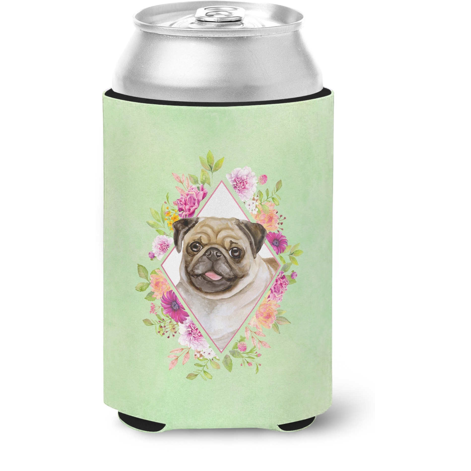&quotCaroline's Treasures CK4334CC Fawn Pug Green Flowers Can or Bottle Hugger cold-beverage-koozies, 12 oz, Multicolor"