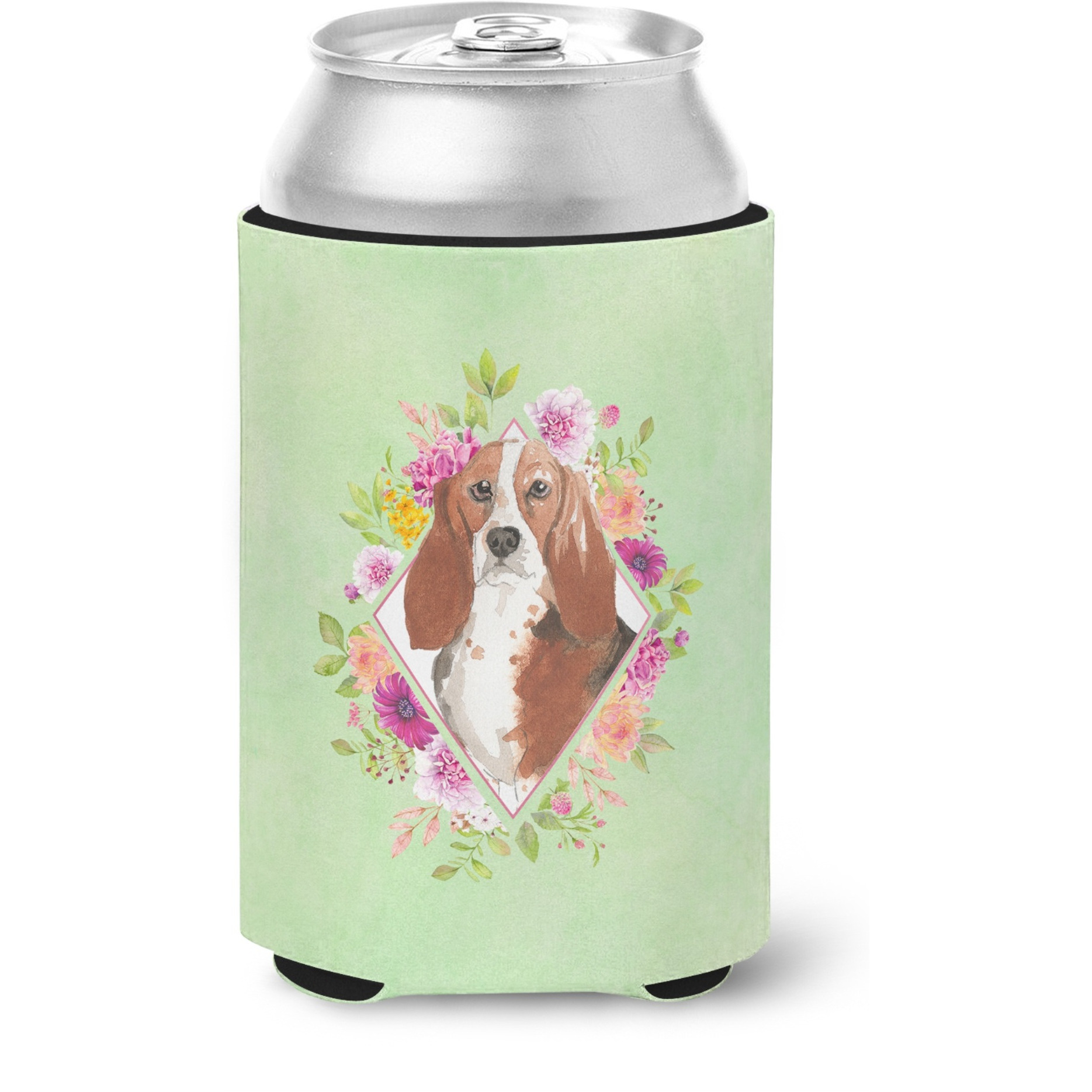 &quotCaroline's Treasures CK4426CC Basset Hound Green Flowers Can or Bottle Hugger cold-beverage-koozies, 12 oz, Multicolor"