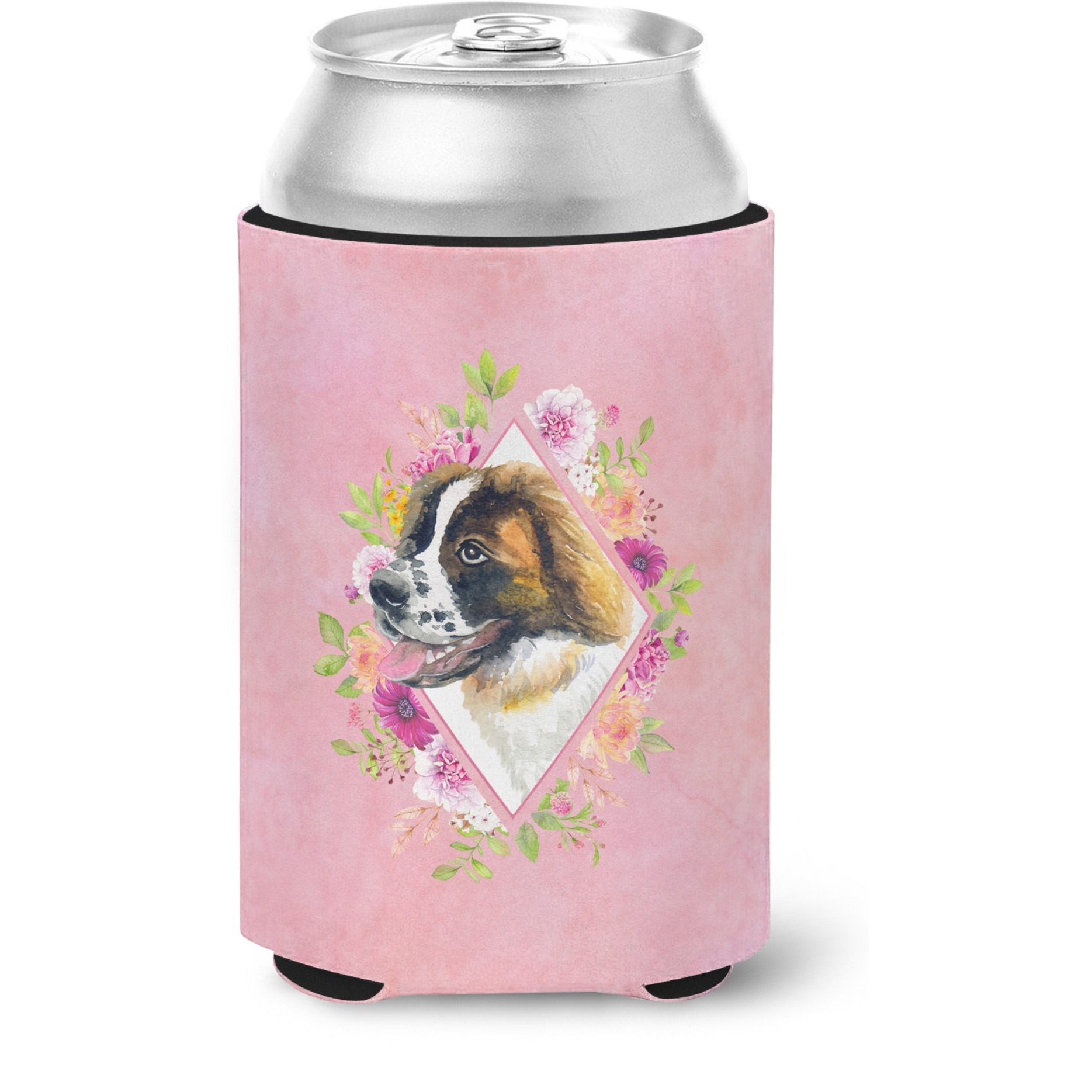 &quotCaroline's Treasures CK4187CC Saint Bernard 2 Pink Flowers Can or Bottle Hugger cold-beverage-koozies, 12 oz, Multicolor"