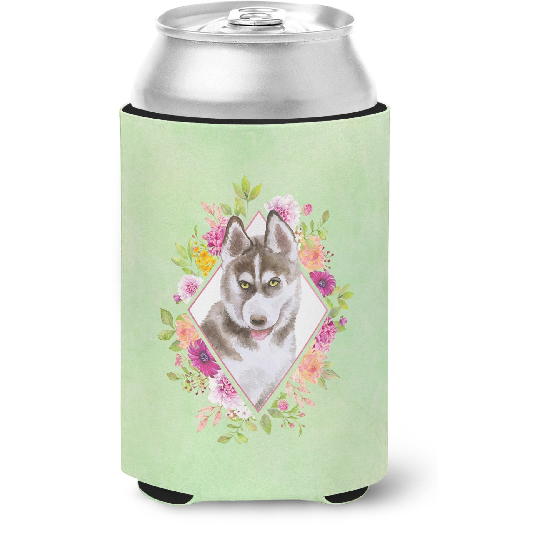 &quotCaroline's Treasures CK4312CC Siberian Husky 2 Green Flowers Can or Bottle Hugger cold-beverage-koozies, 12 oz, Multicolor"