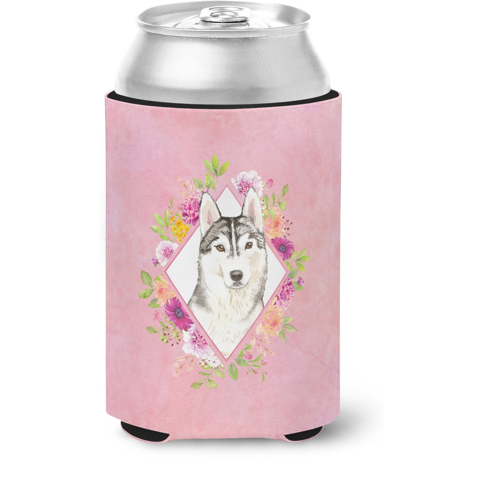 &quotCaroline's Treasures CK4210CC Siberian Husky Pink Flowers Can or Bottle Hugger cold-beverage-koozies, 12 oz, Multicolor"