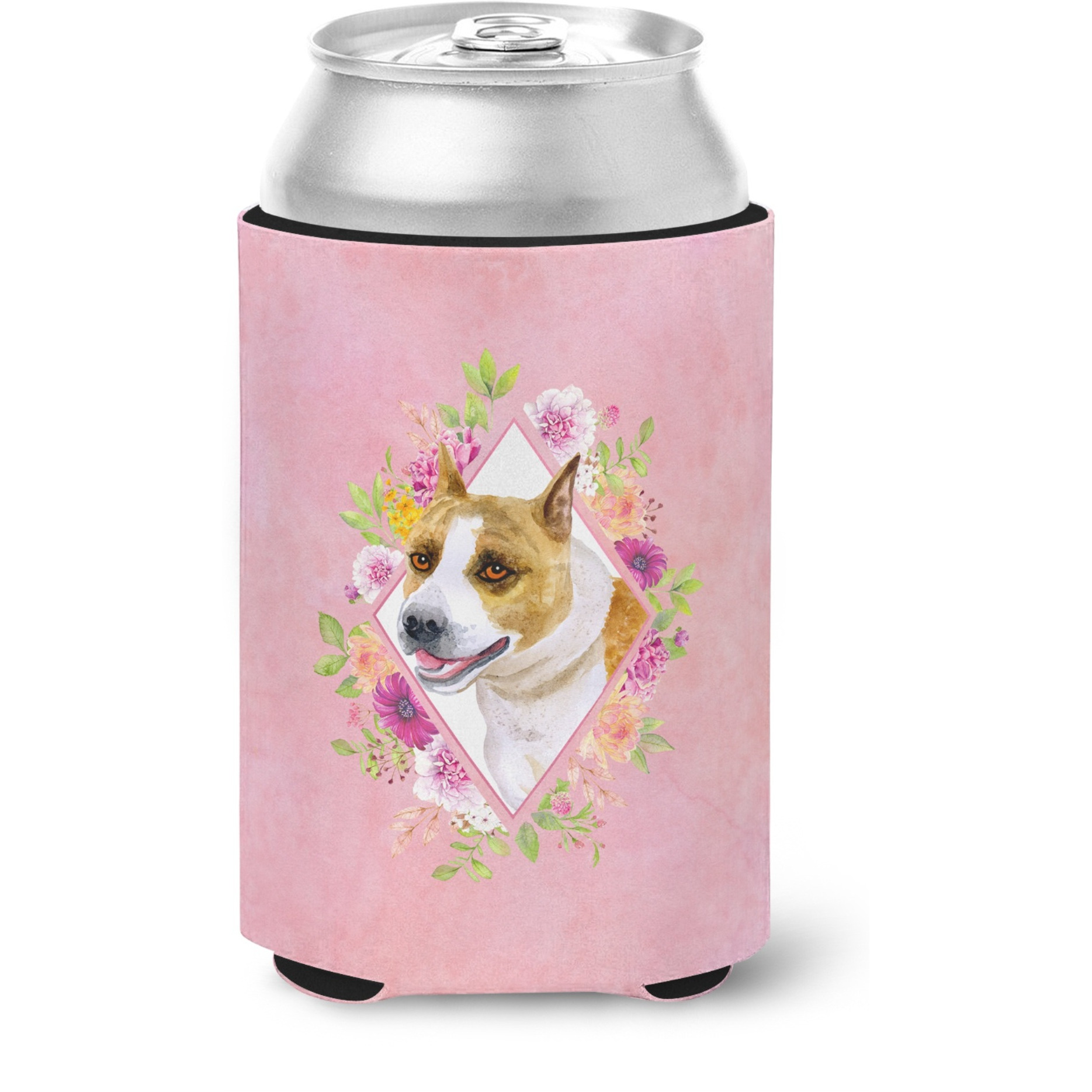 &quotCaroline's Treasures CK4114CC Bull Terrier Pink Flowers Can or Bottle Hugger cold-beverage-koozies, 12 oz, Multicolor"