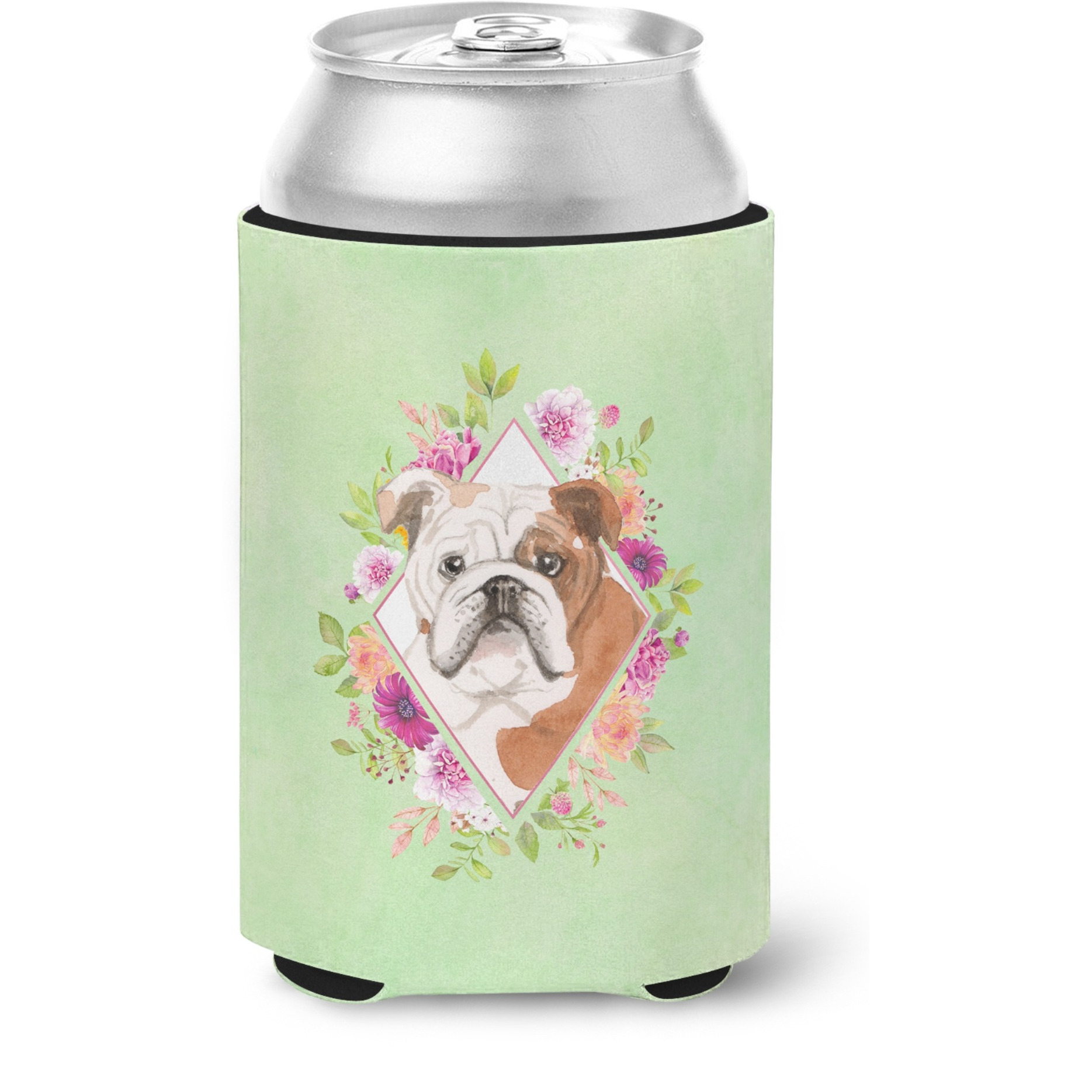 &quotCaroline's Treasures CK4400CC English Bulldog Green Flowers Can or Bottle Hugger cold-beverage-koozies, 12 oz, Multicolor"