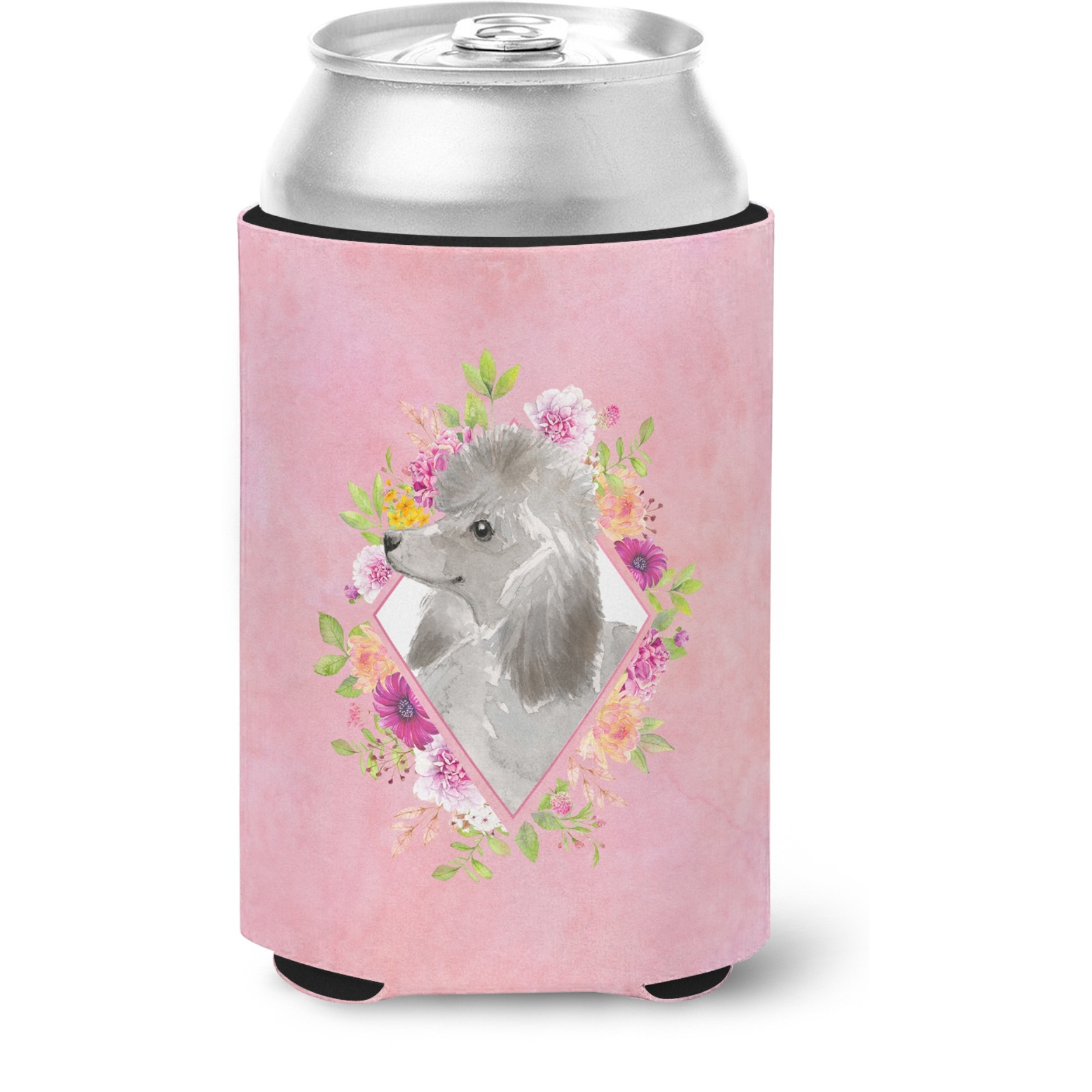 &quotCaroline's Treasures CK4233CC Grey Standard Poodle Pink Flowers Can or Bottle Hugger cold-beverage-koozies, 12 oz, Multicolor"