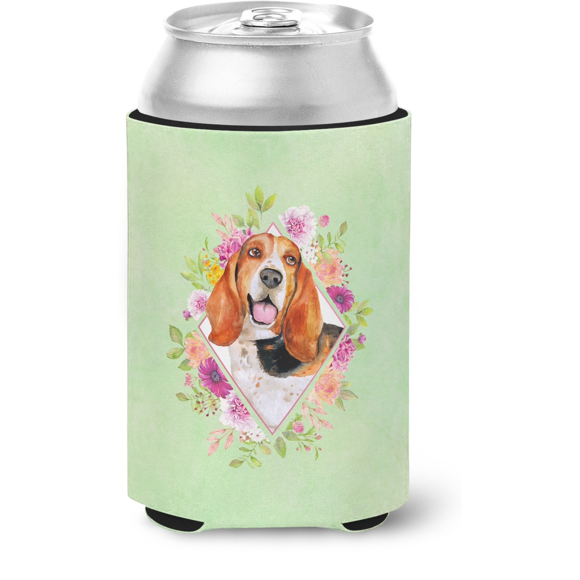 &quotCaroline's Treasures CK4276CC Basset Hound Green Flowers Can or Bottle Hugger cold-beverage-koozies, 12 oz, Multicolor"