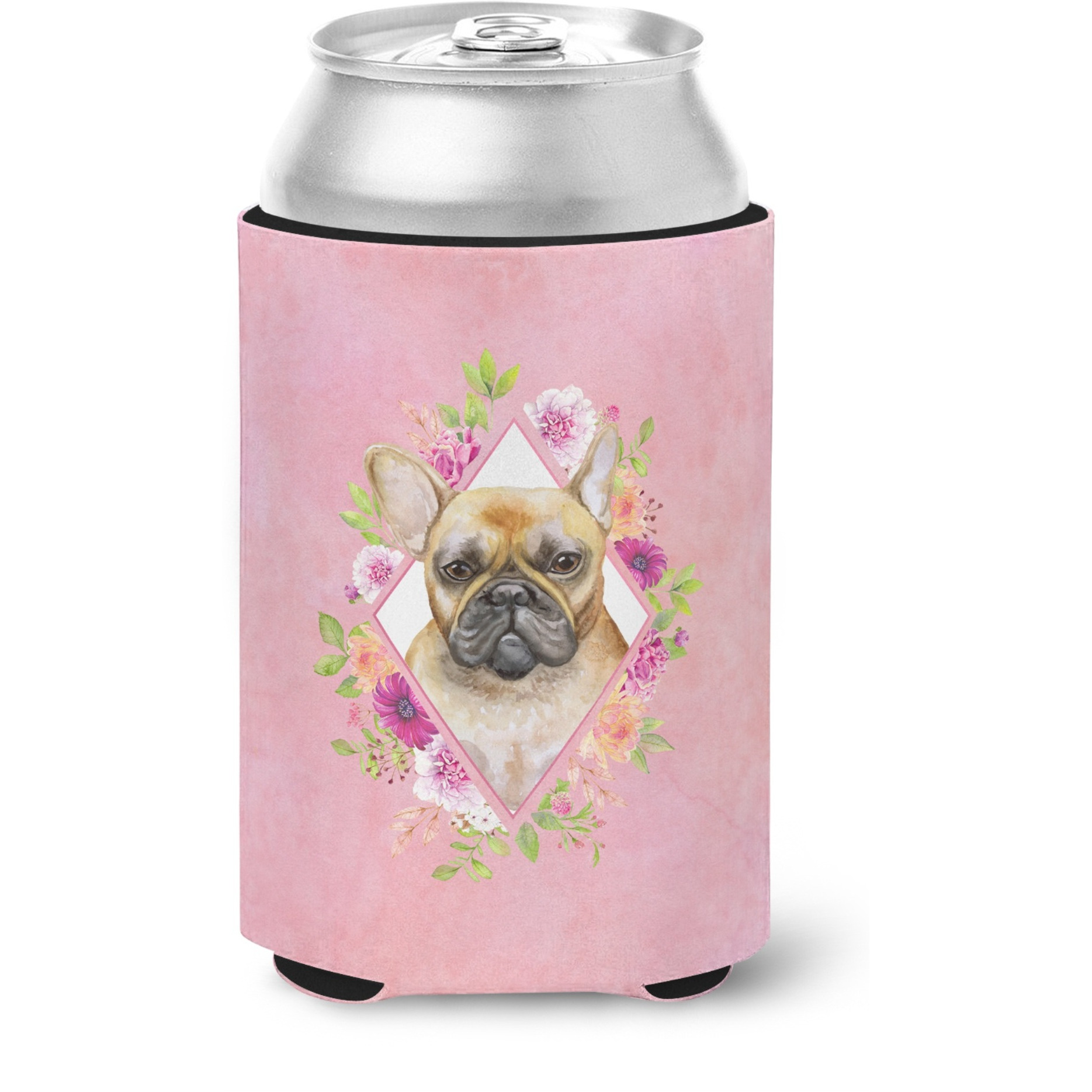 &quotCaroline's Treasures CK4144CC Fawn French Bulldog Pink Flowers Can or Bottle Hugger cold-beverage-koozies, 12 oz, Multicolor"