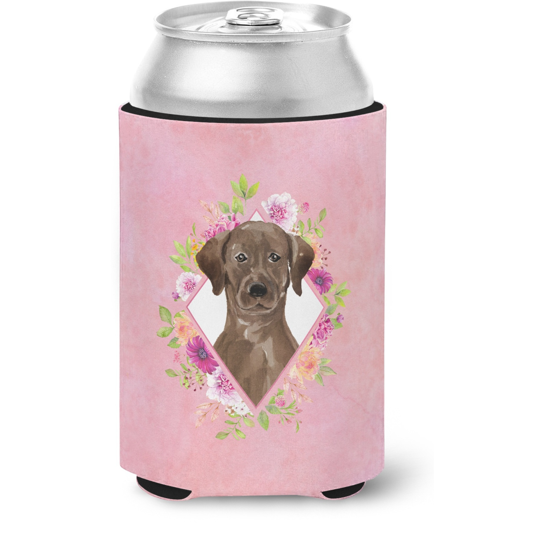 &quotCaroline's Treasures CK4251CC Chocolate Labrador Pink Flowers Can or Bottle Hugger cold-beverage-koozies, 12 oz, Multicolor"