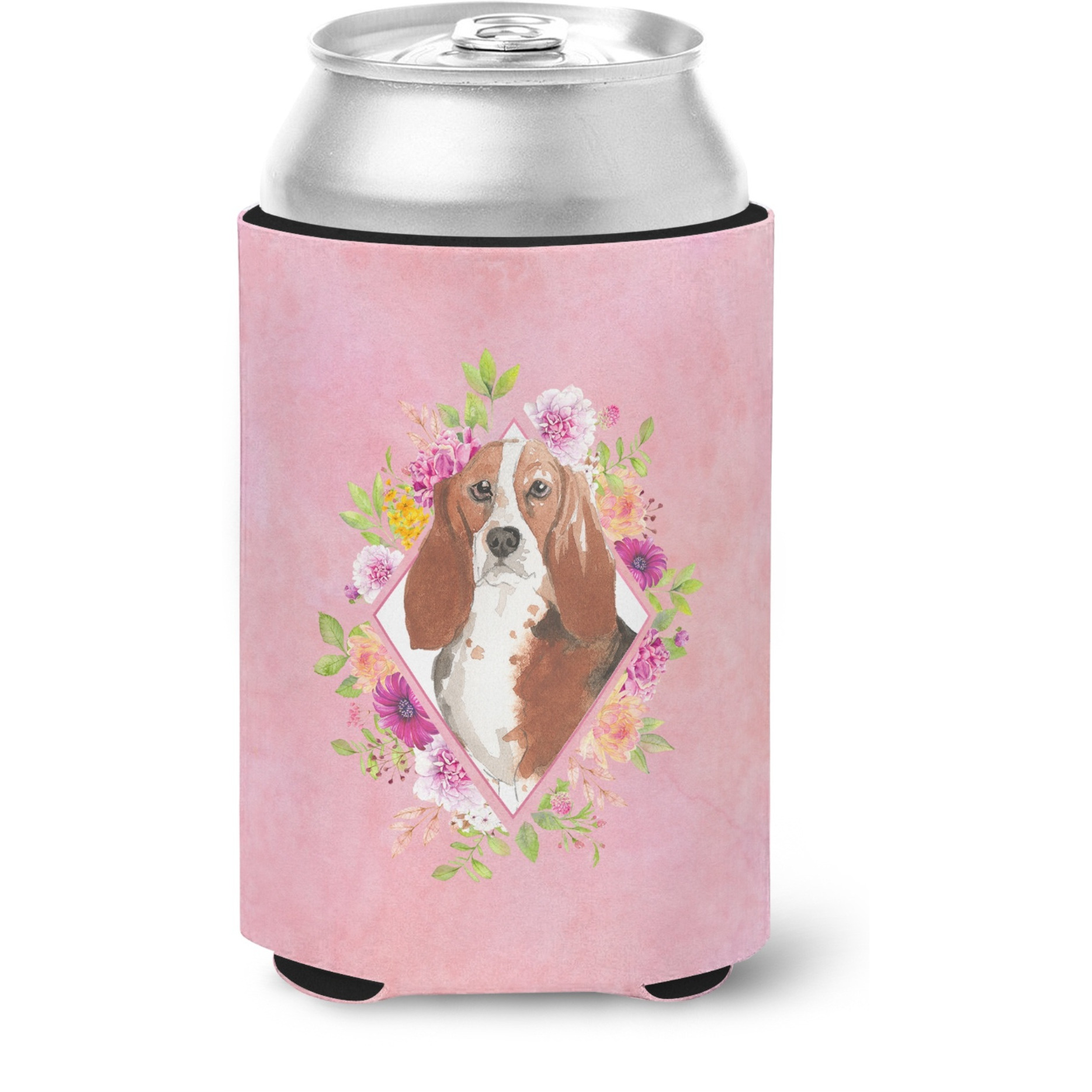 &quotCaroline's Treasures CK4266CC Basset Hound Pink Flowers Can or Bottle Hugger cold-beverage-koozies, 12 oz, Multicolor"