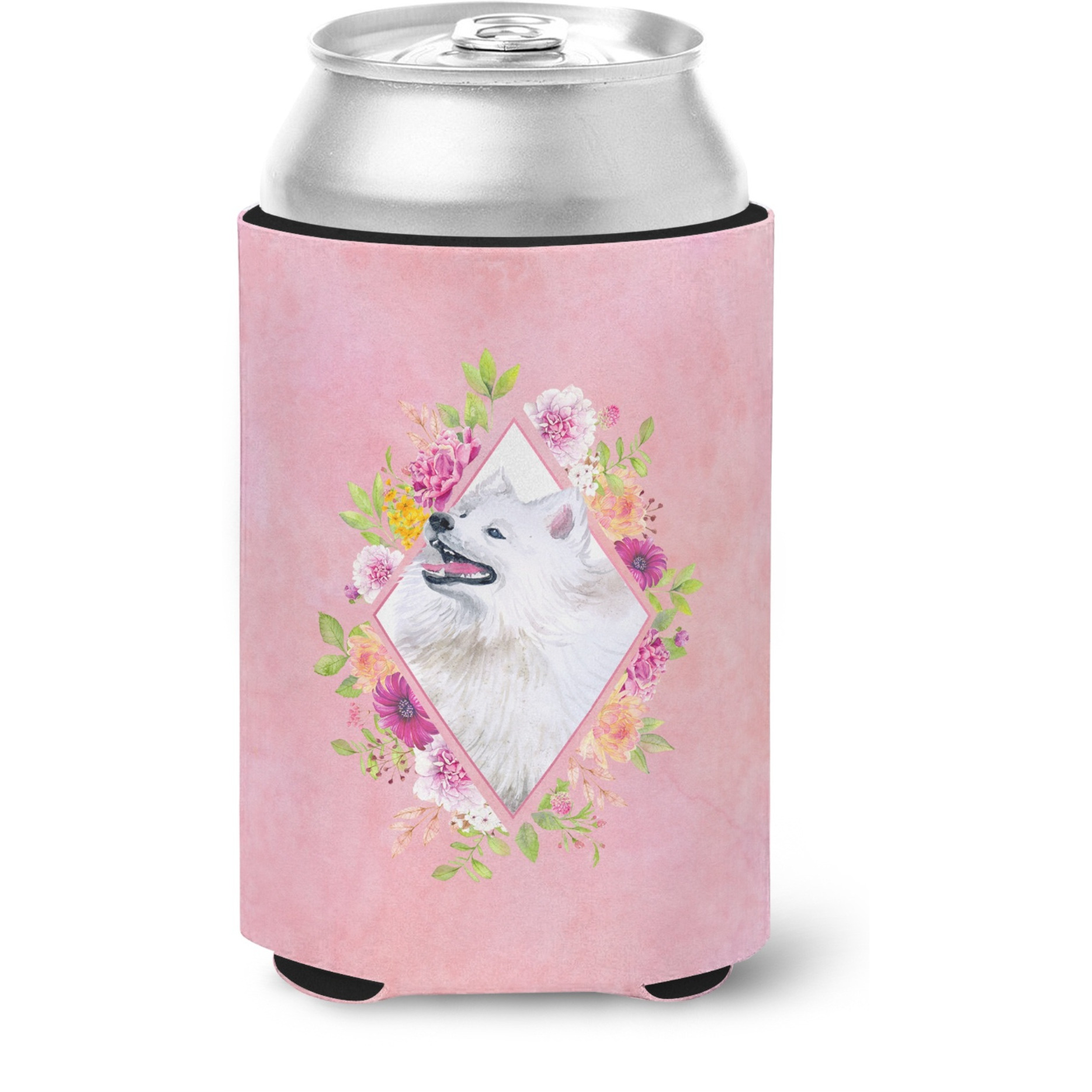 &quotCaroline's Treasures CK4177CC Samoyed Pink Flowers Can or Bottle Hugger cold-beverage-koozies, 12 oz, Multicolor"