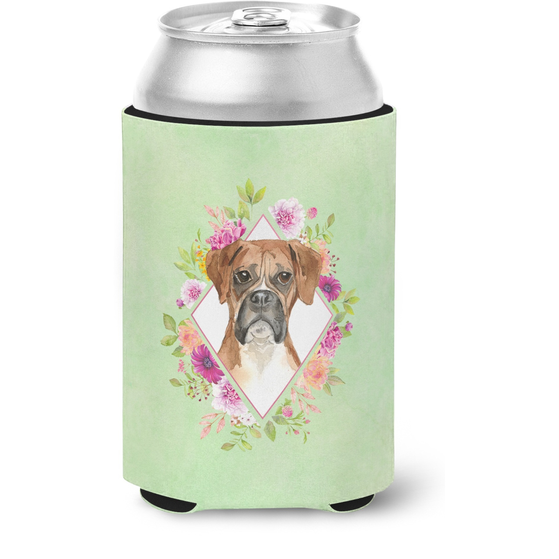&quotCaroline's Treasures CK4415CC Boxer Green Flowers Can or Bottle Hugger cold-beverage-koozies, 12 oz, Multicolor"