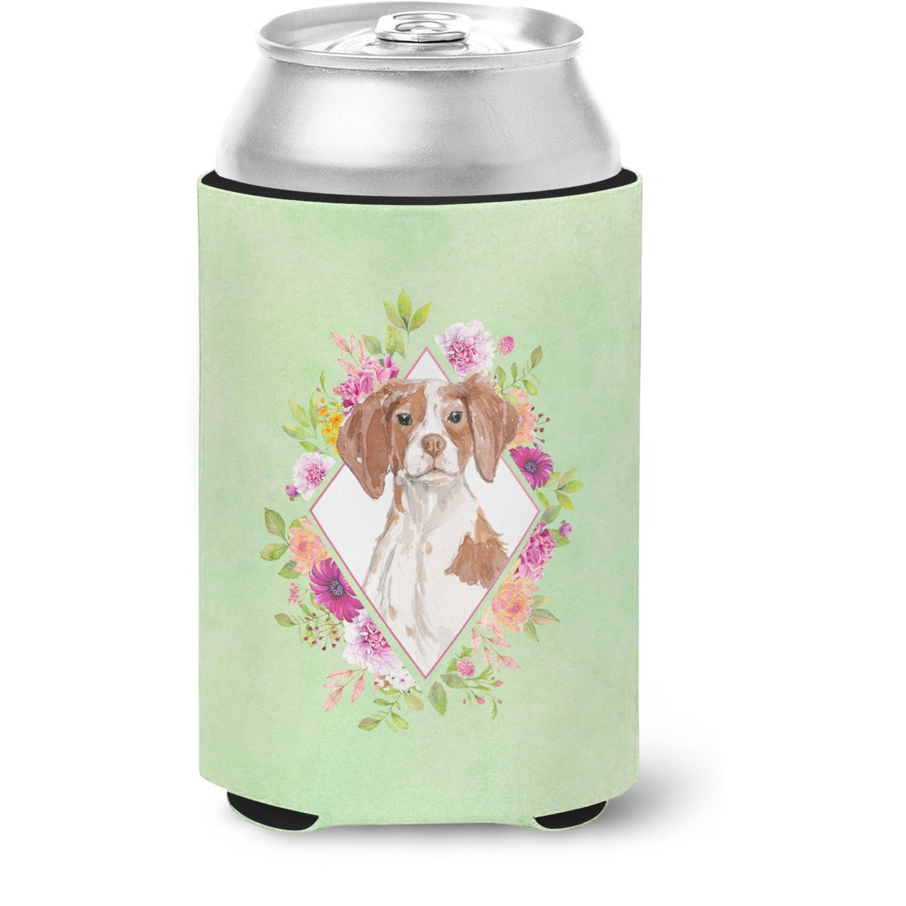 &quotCaroline's Treasures CK4414CC Brittany Spaniel Green Flowers Can or Bottle Hugger cold-beverage-koozies, 12 oz, Multicolor"