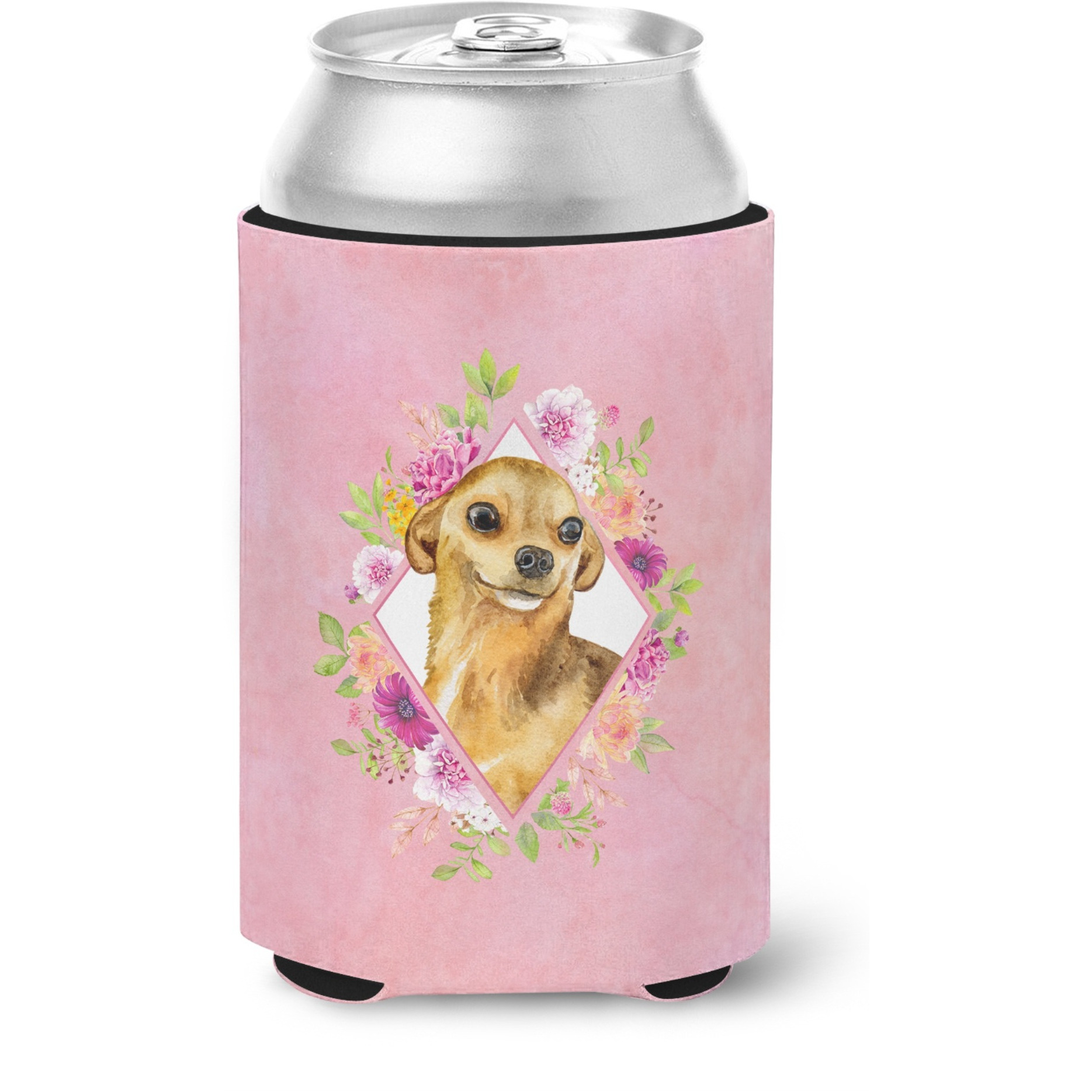 &quotCaroline's Treasures CK4128CC Chihuahua 1 Pink Flowers Can or Bottle Hugger cold-beverage-koozies, 12 oz, Multicolor"