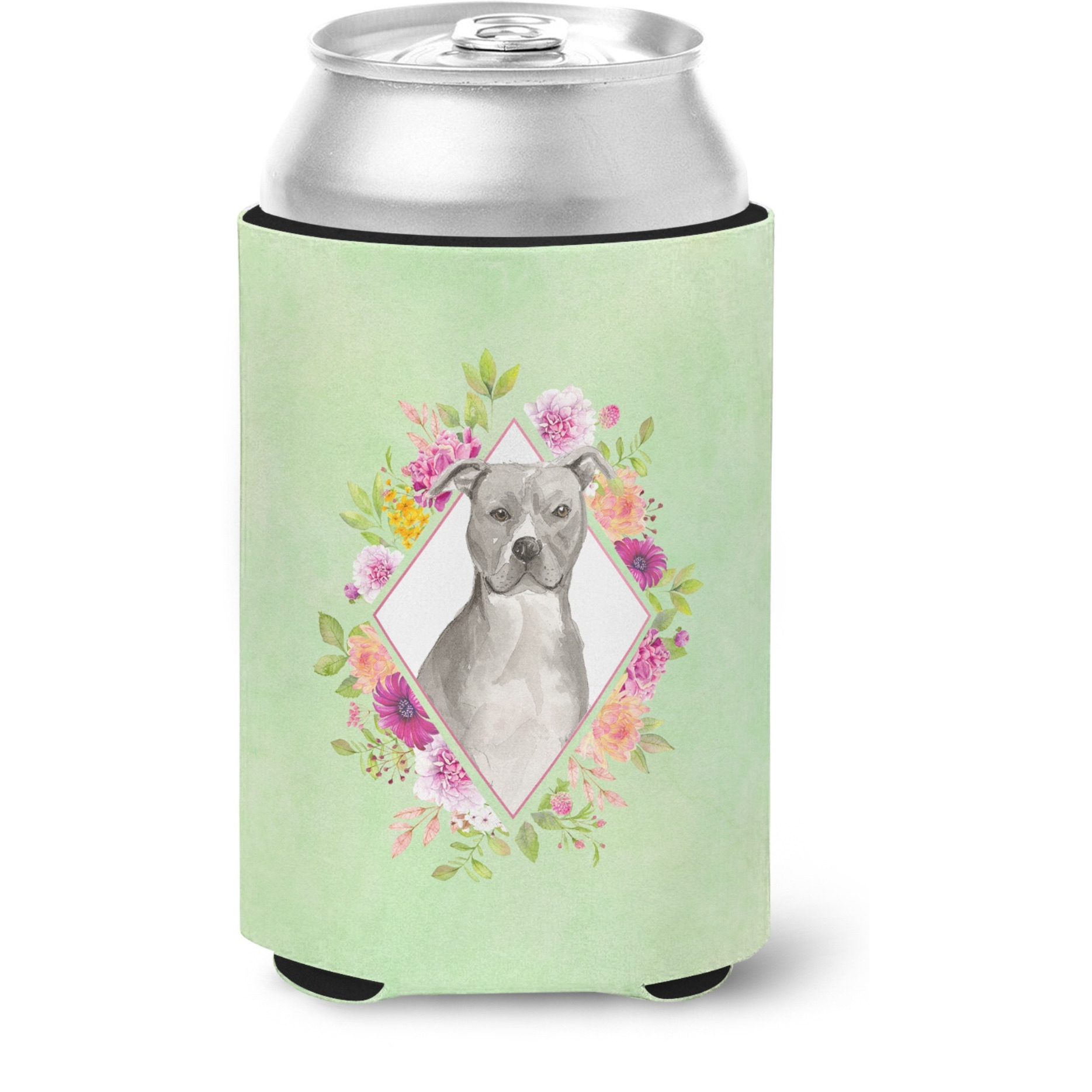 &quotCaroline's Treasures Blue Pit Bull Terrier Green Flowers Can or Bottle Hugger cold-beverage-koozies, 12 oz, Multicolor"