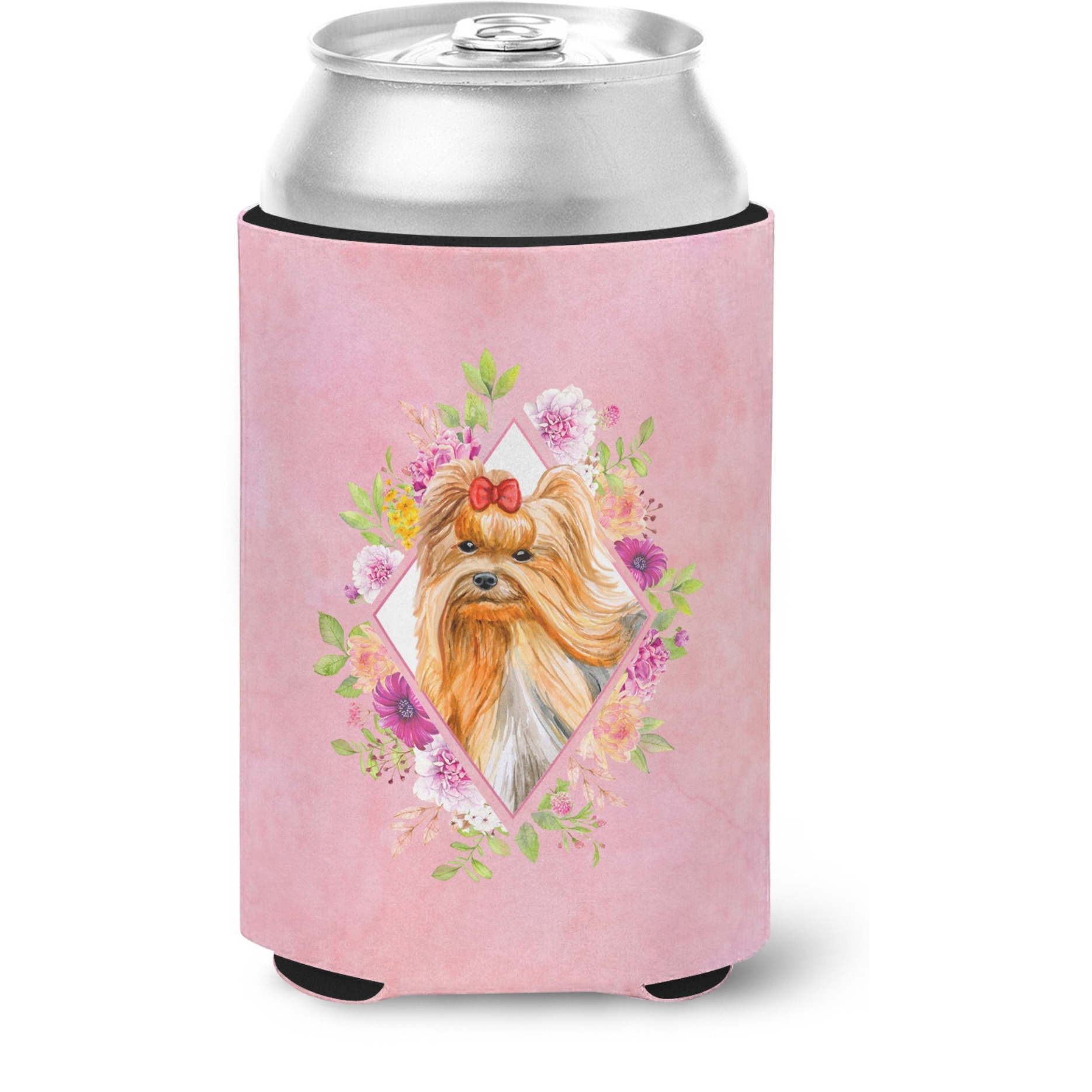 &quotCaroline's Treasures CK4195CC Yorkshire Terrier 2 Pink Flowers Can or Bottle Hugger cold-beverage-koozies, 12 oz, Multicolor"