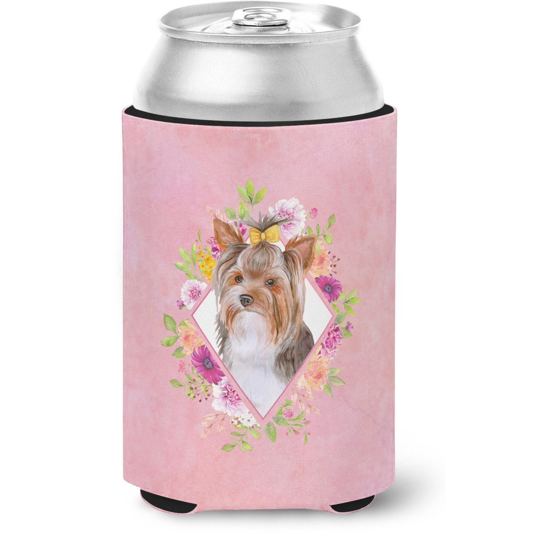 &quotCaroline's Treasures CK4194CC Yorkshire Terrier 1 Pink Flowers Can or Bottle Hugger cold-beverage-koozies, 12 oz, Multicolor"