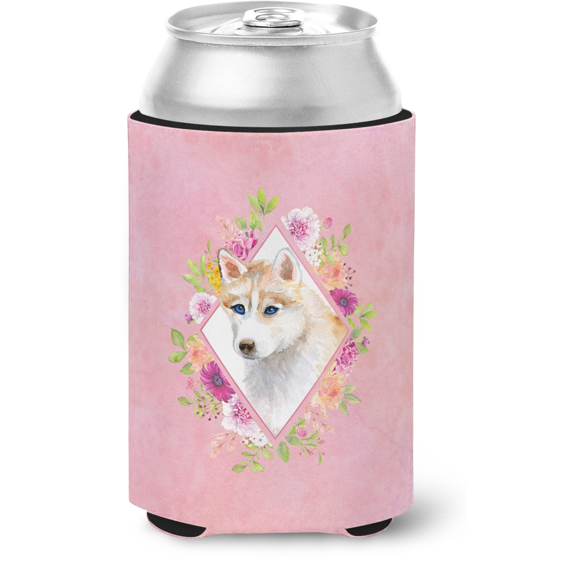 &quotCaroline's Treasures CK4148CC Red Siberian Husky Pink Flowers Can or Bottle Hugger cold-beverage-koozies, 12 oz, Multicolor"