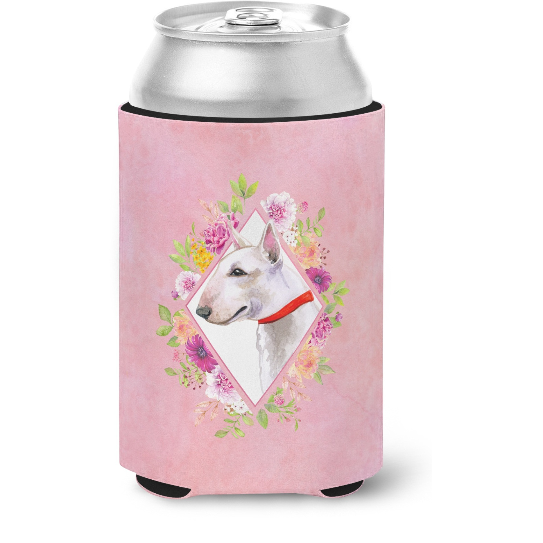 &quotCaroline's Treasures CK4124CC Bull Terrier Pink Flowers Can or Bottle Hugger cold-beverage-koozies, 12 oz, Multicolor"