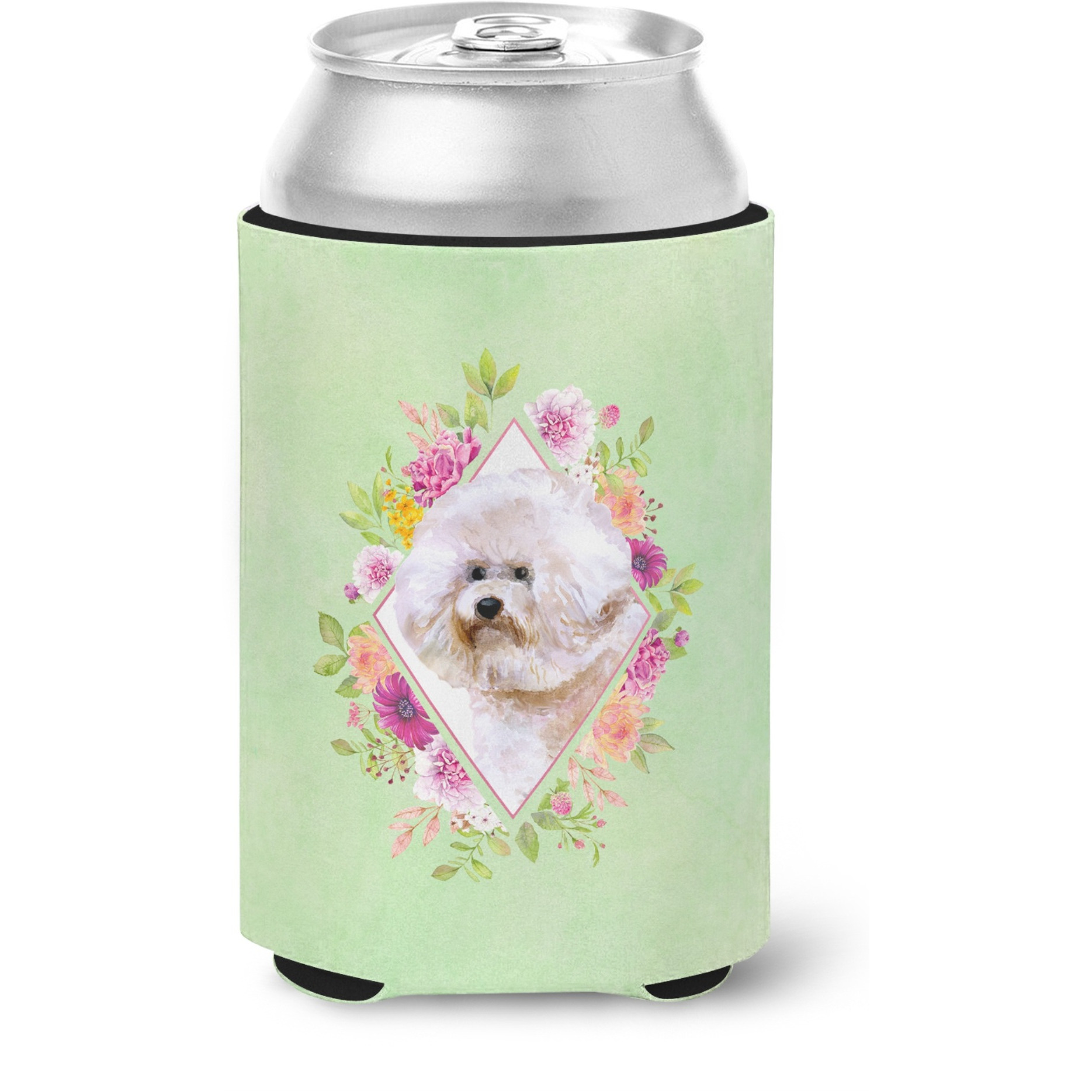 &quotCaroline's Treasures CK4279CC Bichon Fris 1 Green Flowers Can or Bottle Hugger cold-beverage-koozies, 12 oz, Multicolor"