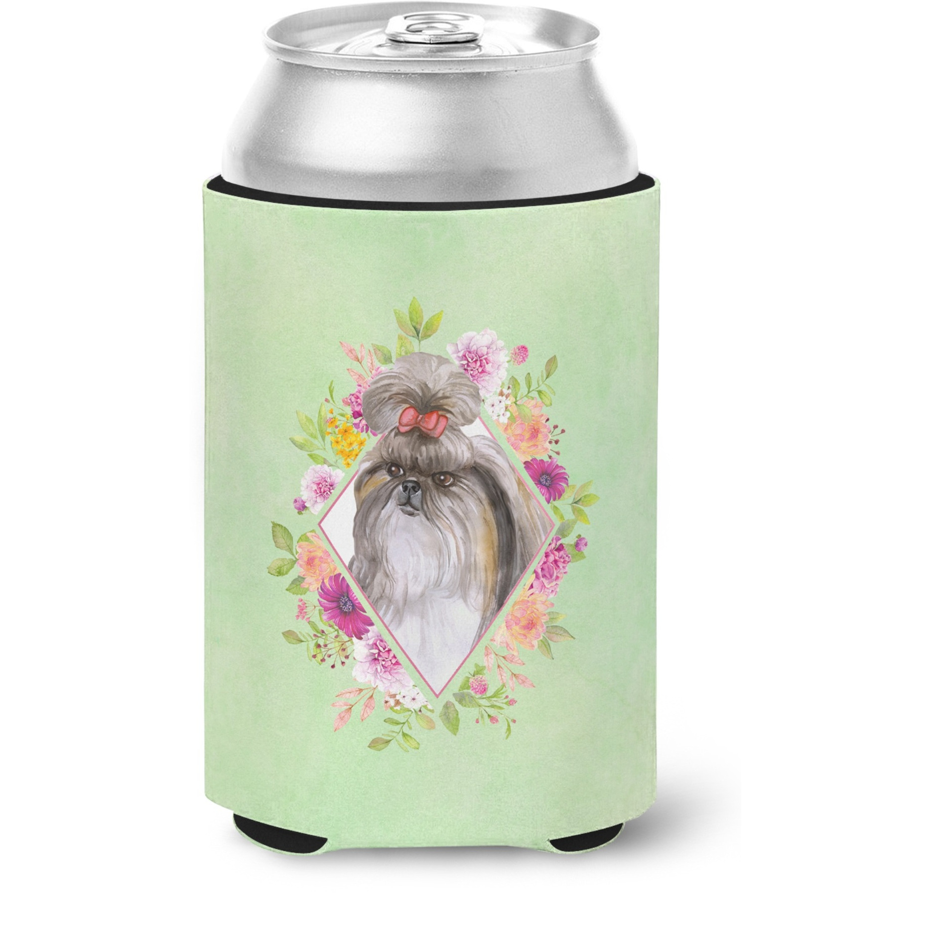 &quotCaroline's Treasures CK4344CC Shih Tzu Green Flowers Can or Bottle Hugger cold-beverage-koozies, 12 oz, Multicolor"