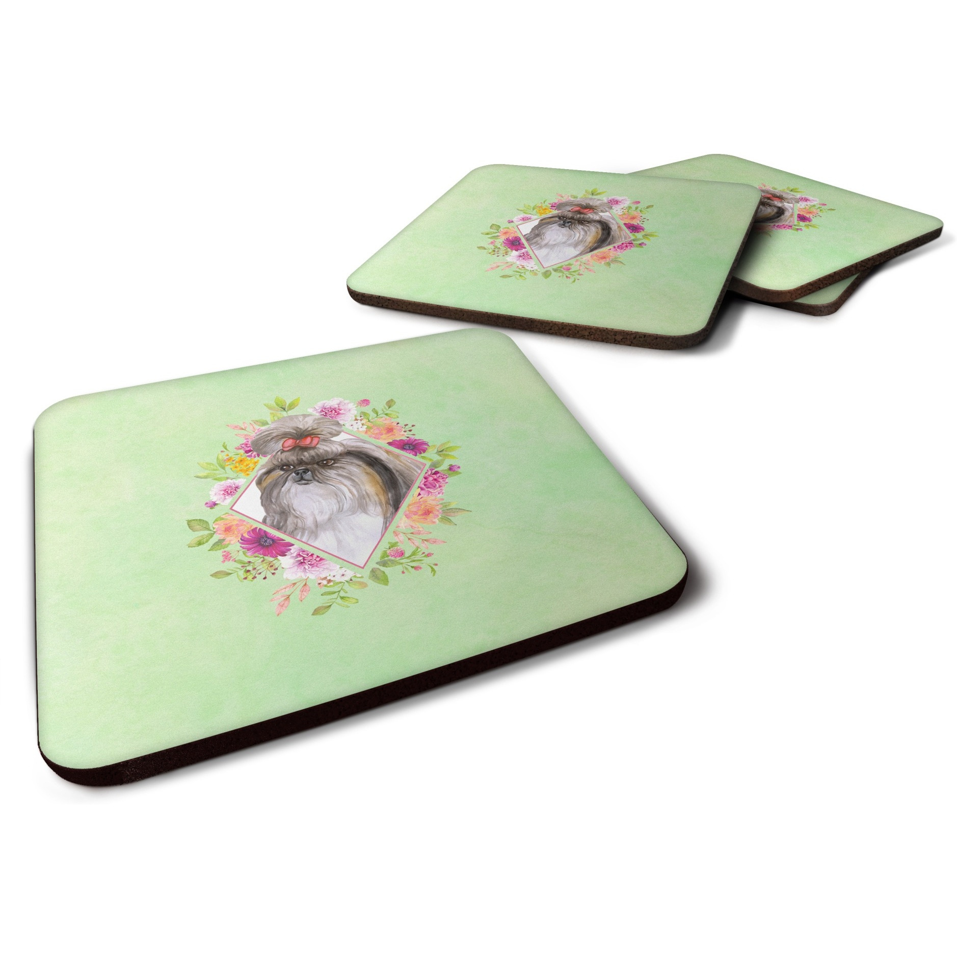 &quotCaroline's Treasures CK4344FC Shih Tzu Green Flowers Foam Set of 4 coasters, Multicolor"