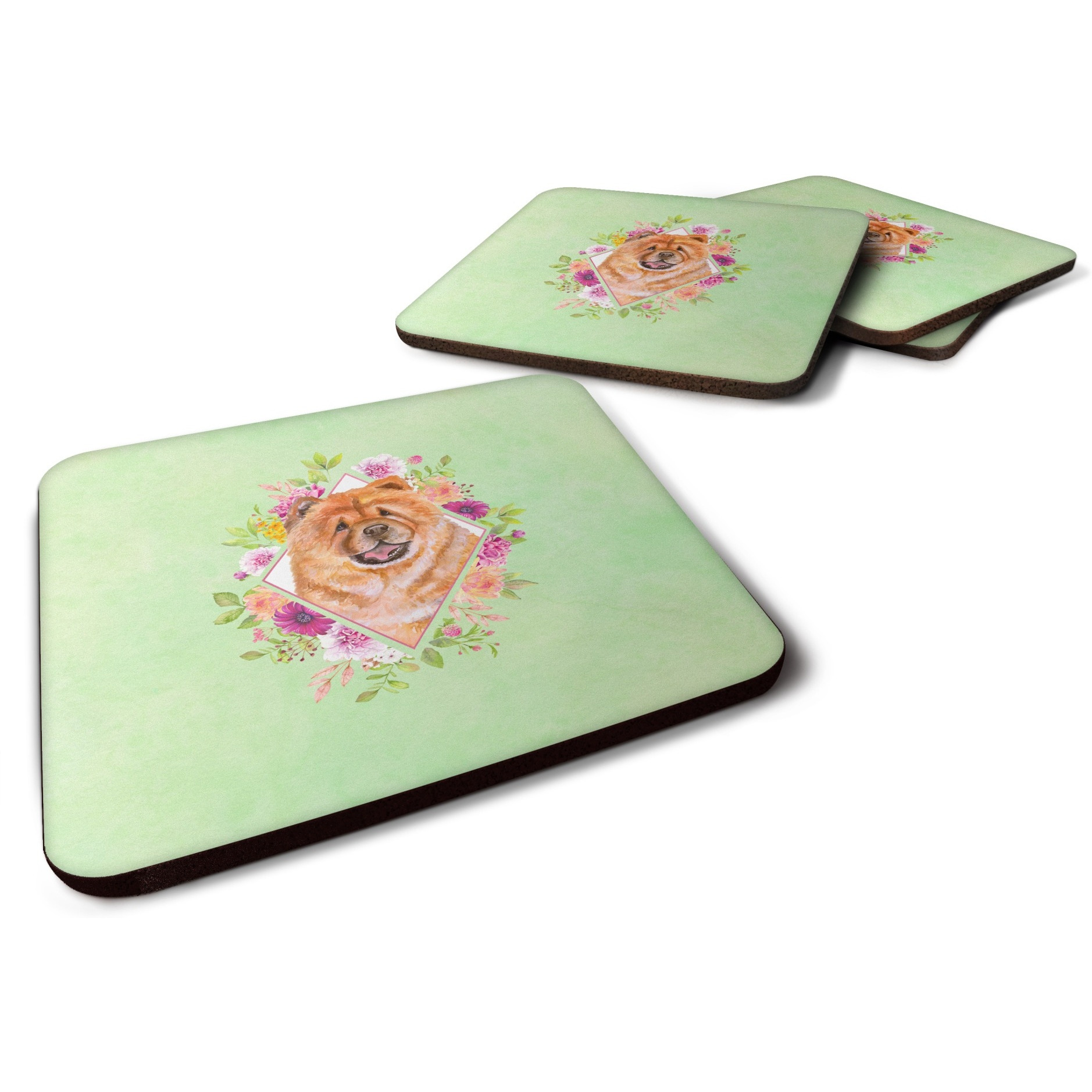&quotCaroline's Treasures CK4291FC Chow 1 Green Flowers Foam Set of 4 coasters, Multicolor"