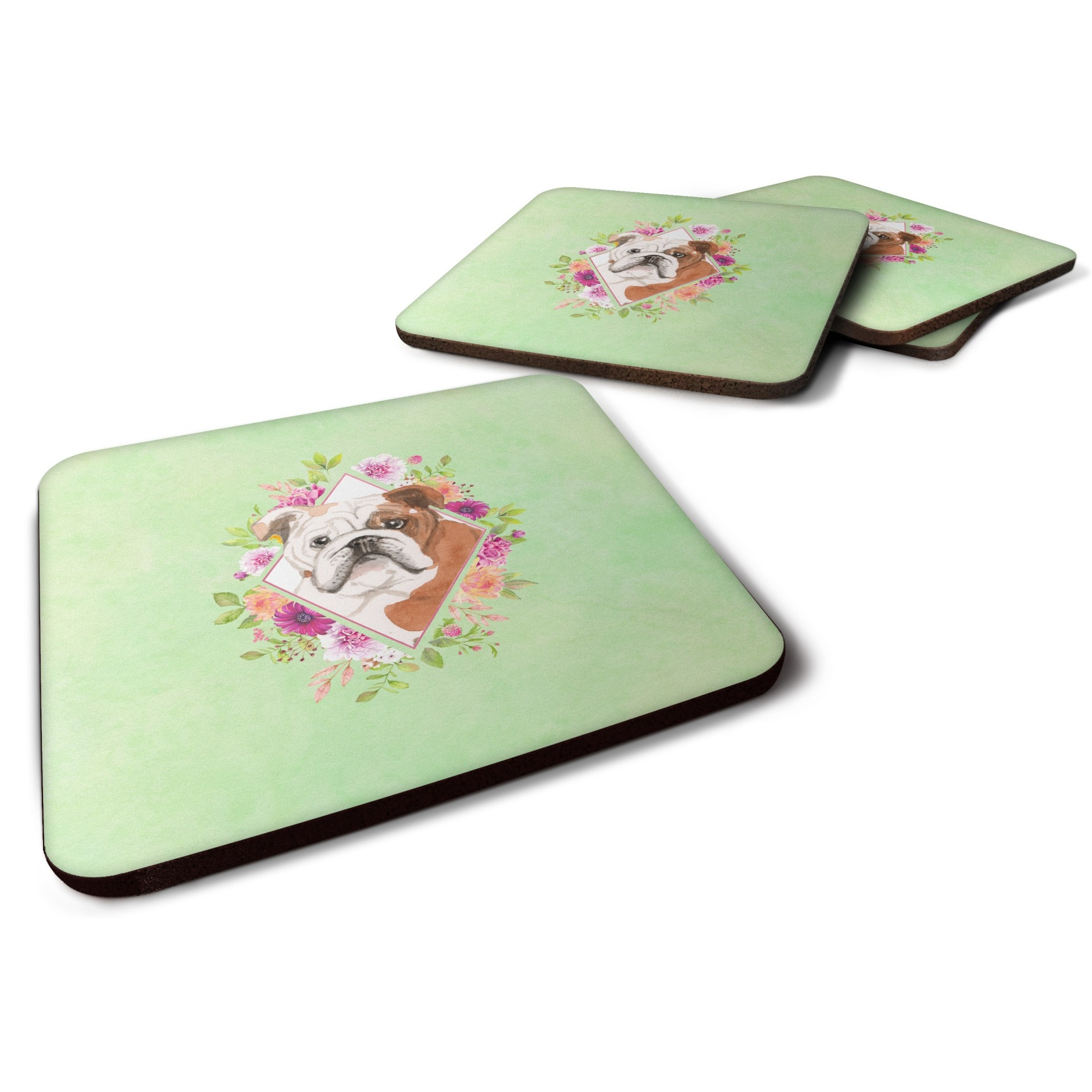 &quotCaroline's Treasures CK4400FC English Bulldog Green Flowers Foam Set of 4 coasters, Multicolor"