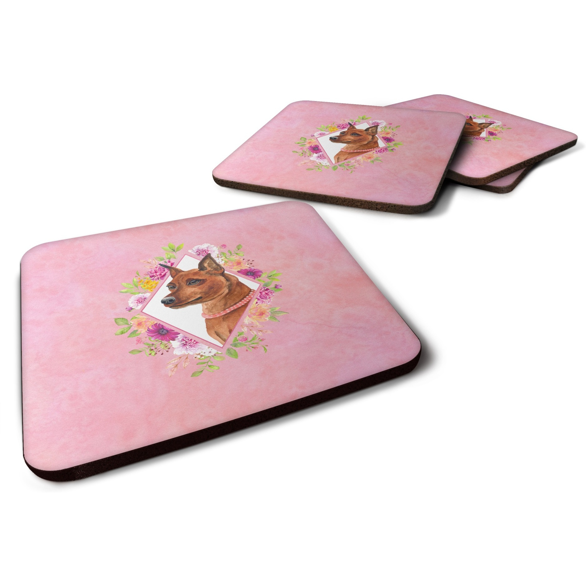 &quotCaroline's Treasures CK4161FC Miniature Pinscher Pink Flowers Foam Set of 4 coasters, Multicolor"